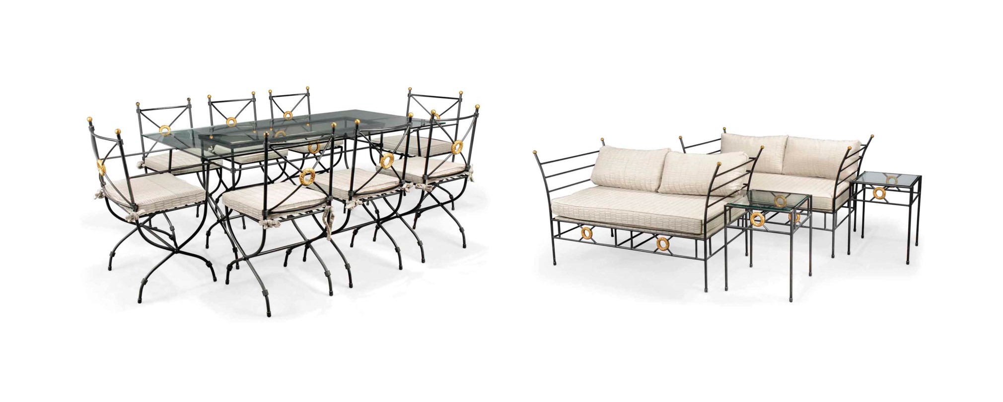 A SUITE OF BLACK-PAINTED IRON GARDEN FURNITURE