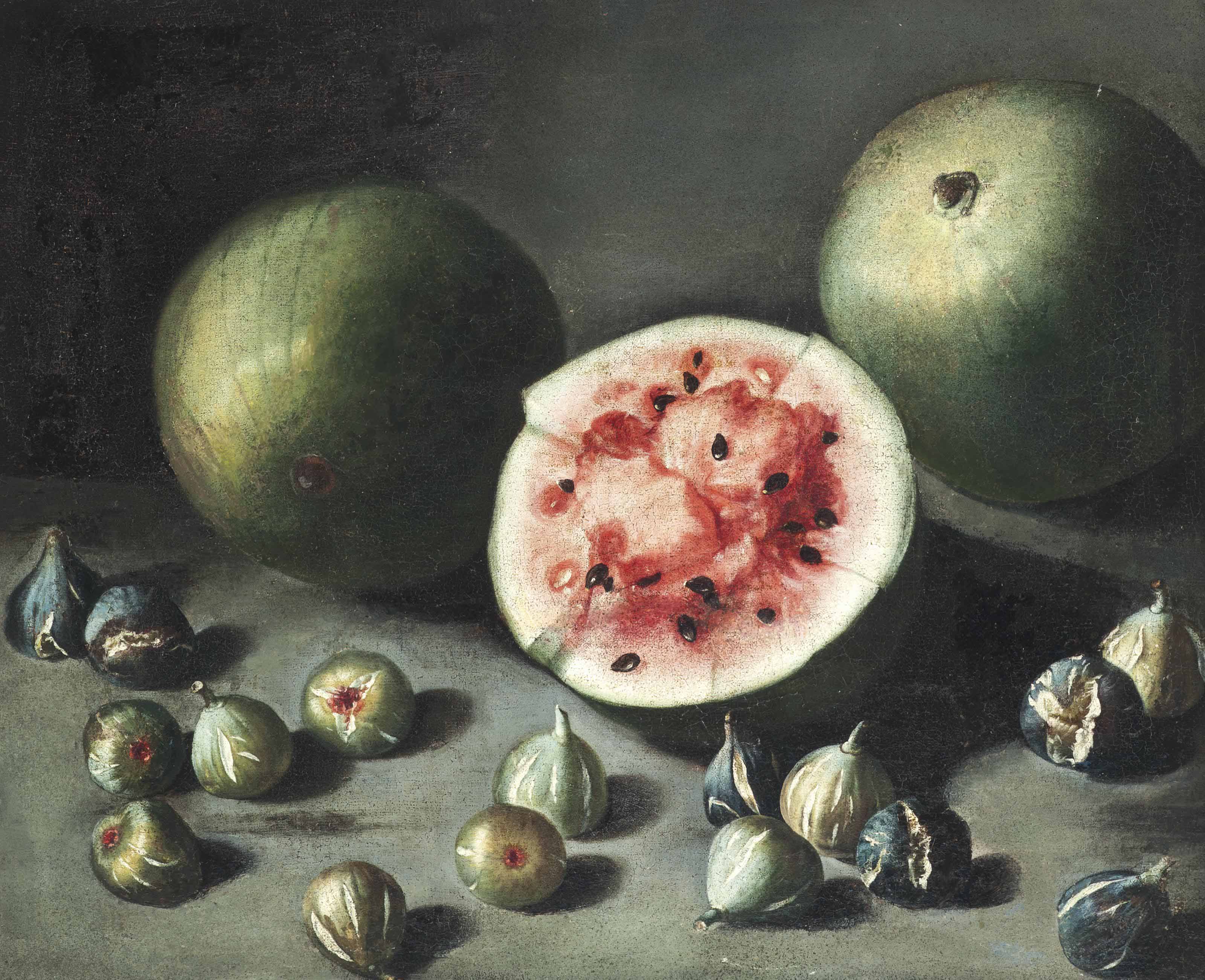 Neapolitan School 17th Century Watermelons And Figs On A Stone Ledge Christie S