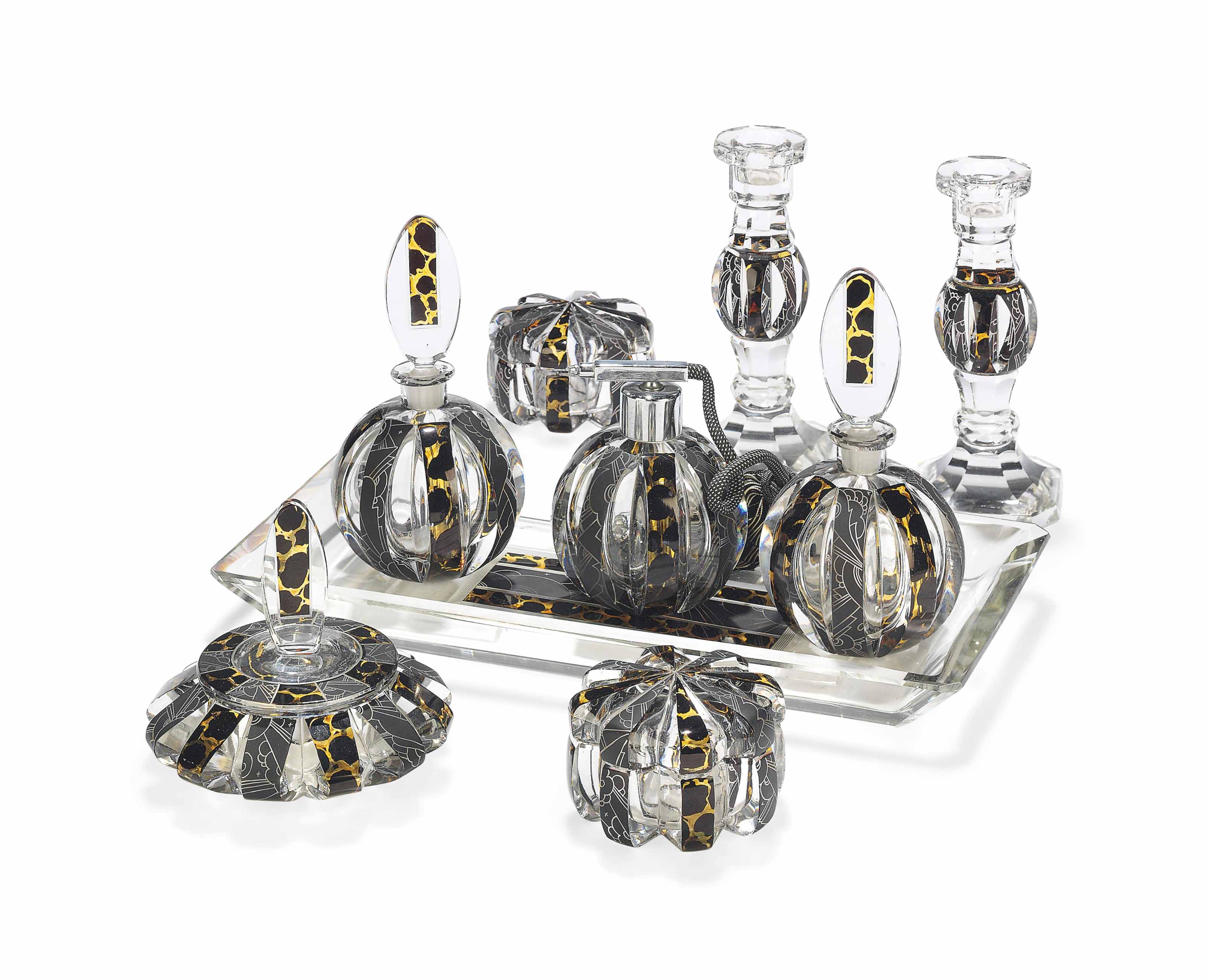 AN ART DECO-STYLE CUT-GLASS DRESSING TABLE SET , 20TH CENTURY, POSSIBLY CZECH