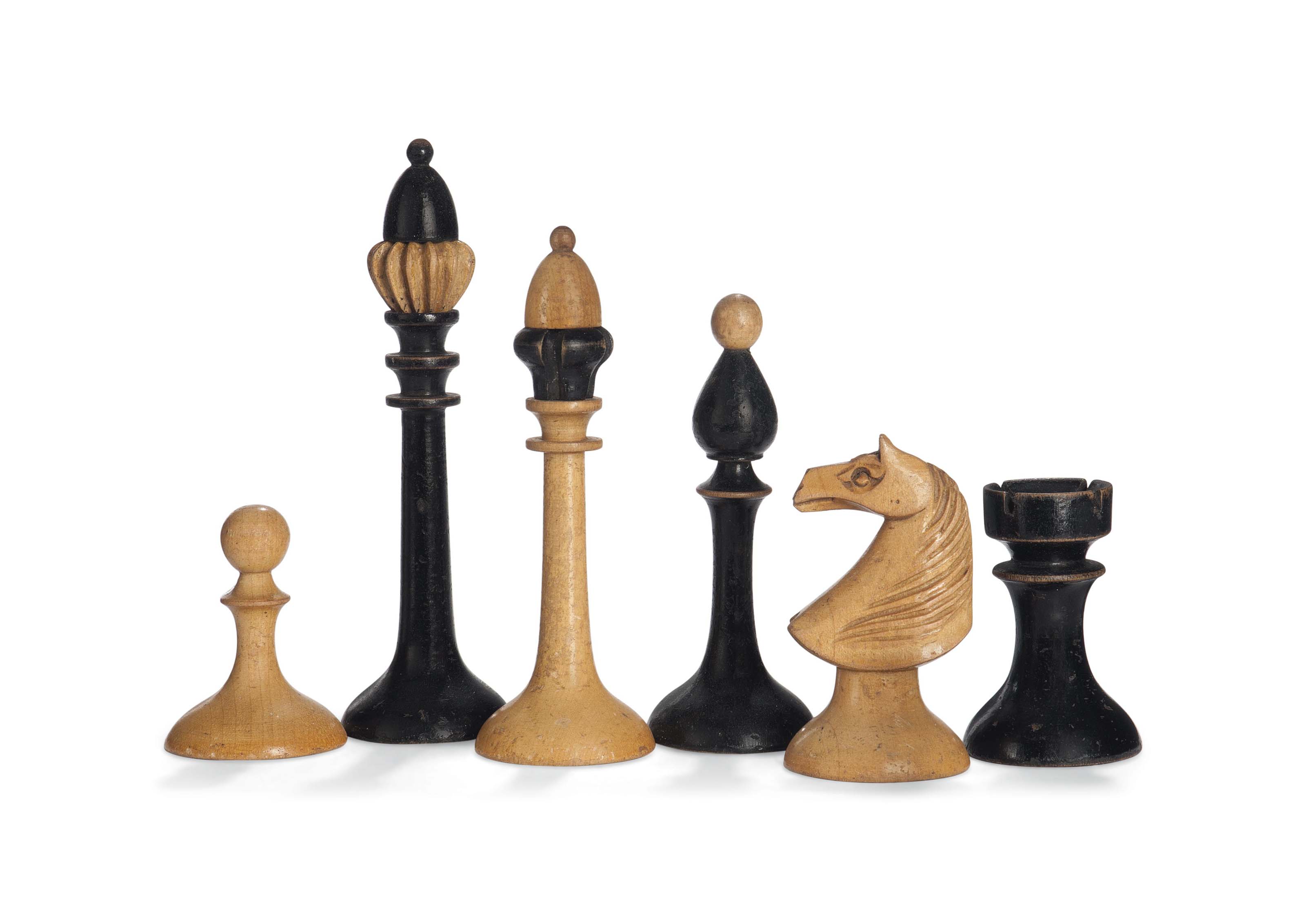 AN ARTDECO STYLE FRUITWOOD AND EBONISED CHESS SET , SECOND QUARTER