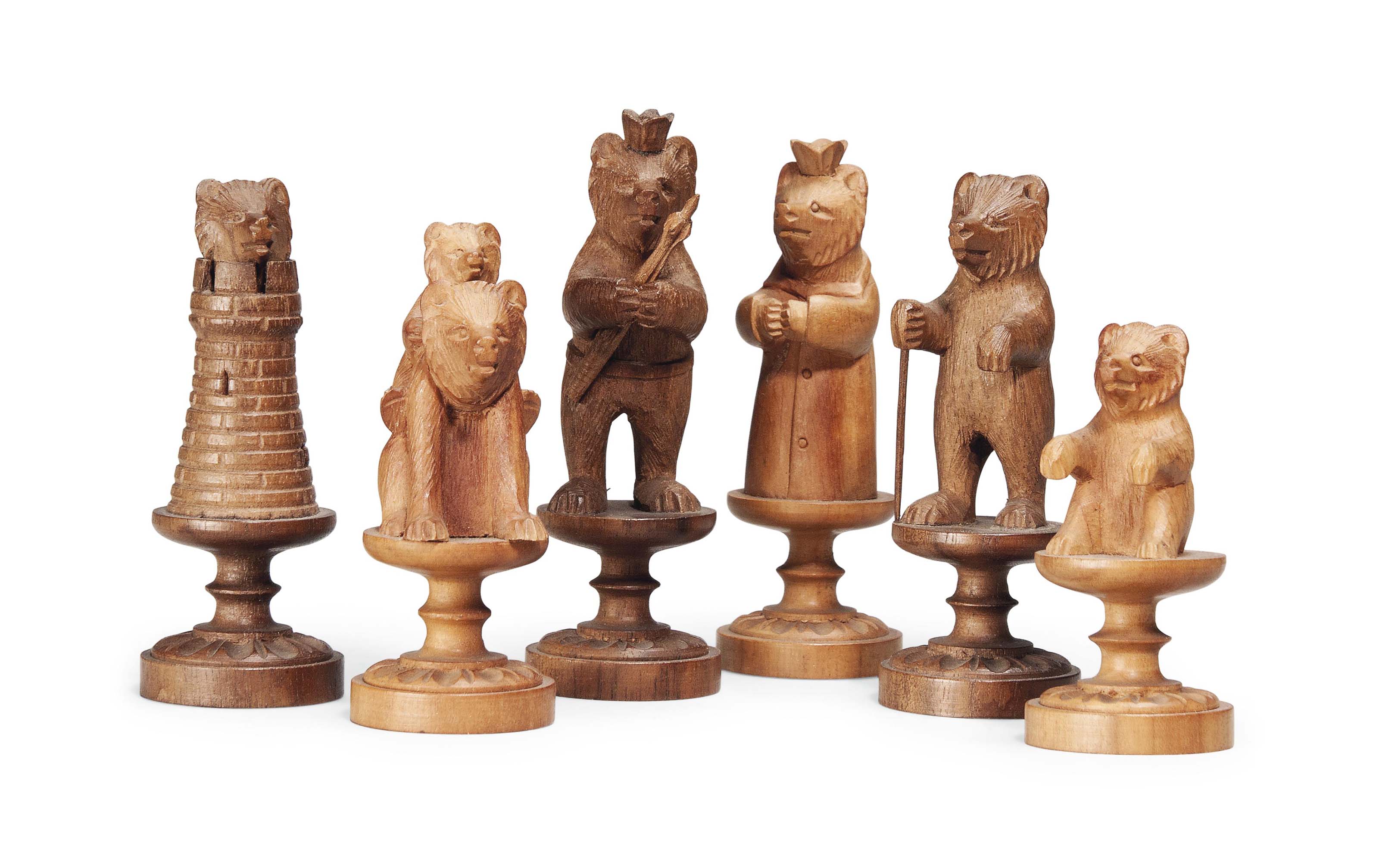 A SWISS CARVED SOFTWOOD 'BEARS OF BERNE' CHESS SET