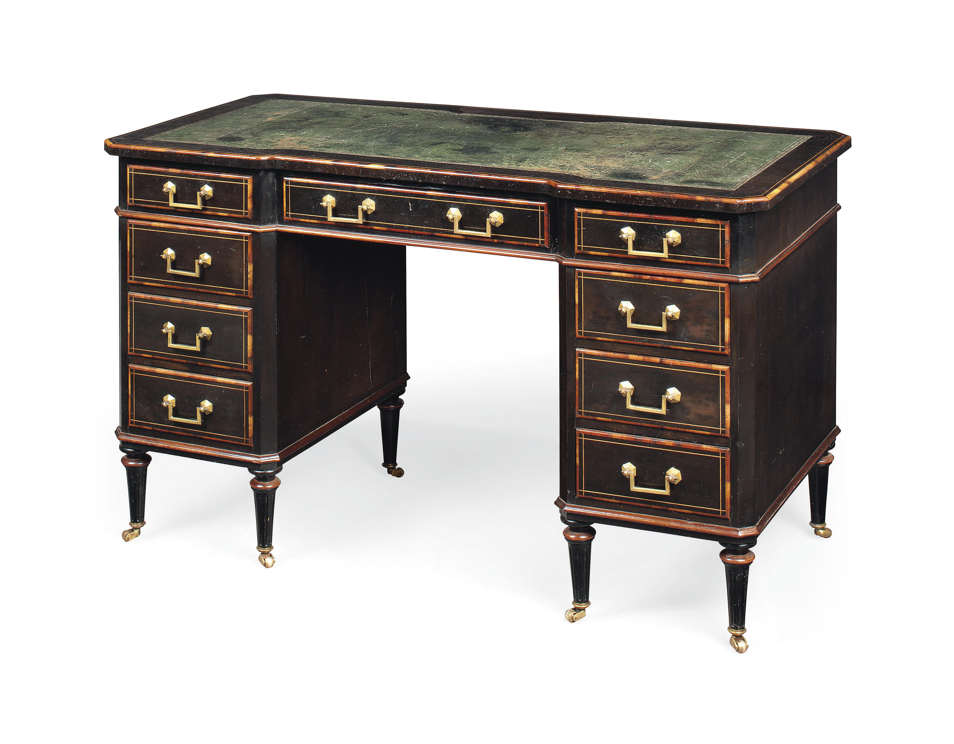 A Victorian Ebonised And Cocobolo Banded Pedestal Desk By