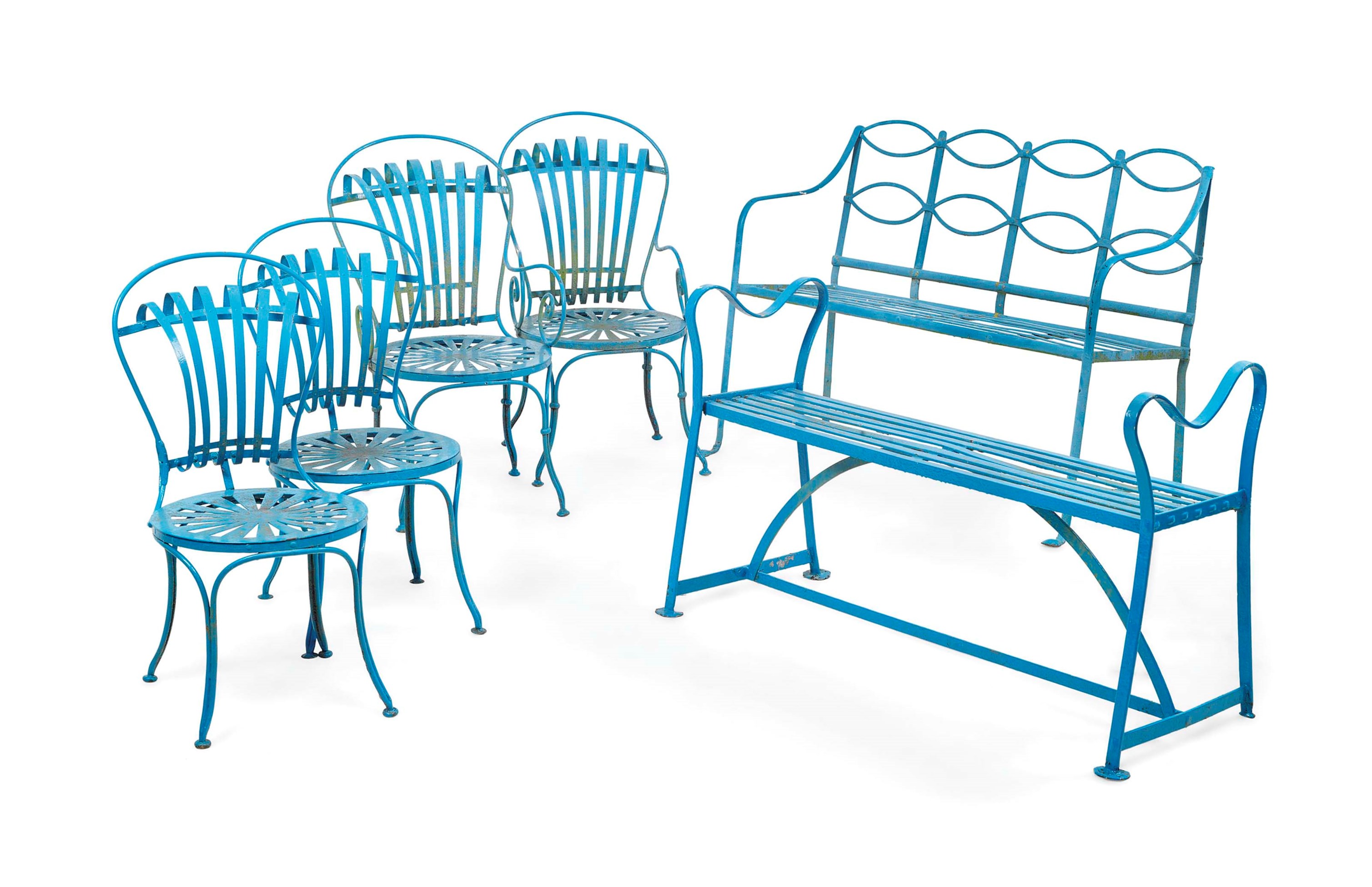 A GROUP OF FRENCH BLUEPAINTED METAL GARDEN FURNITURE , IN THE MANNER