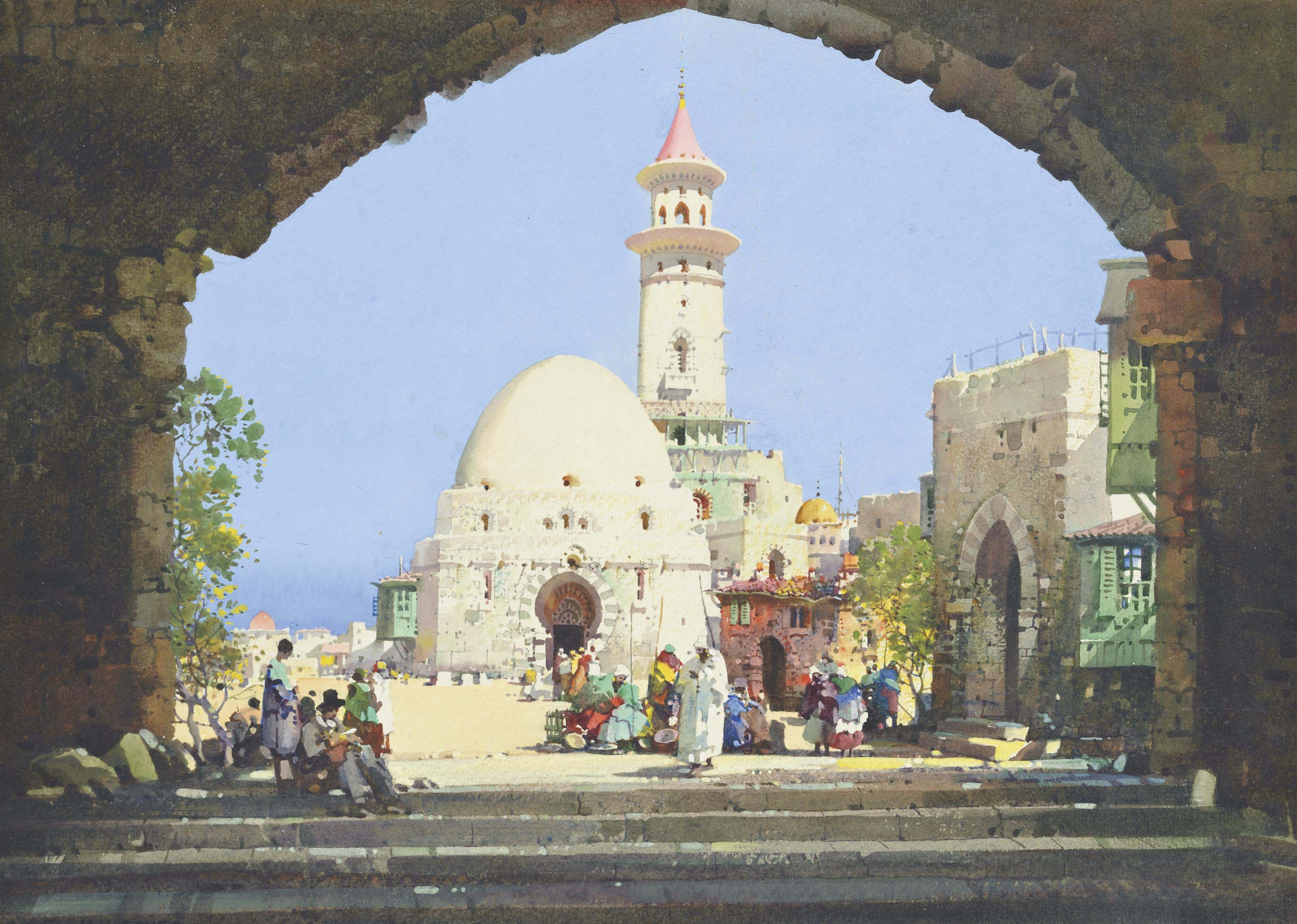 Noel Harry Leaver (1889-1951), Arabs Selling Their Wares Before a Mosque. Pencil and watercolour heightened with bodycolour. 10 x 13⅞  in (25.4 x 35.3  cm). Sold for &pound;3,000 on 3 September 2013 at Christie&rsquo;s in London