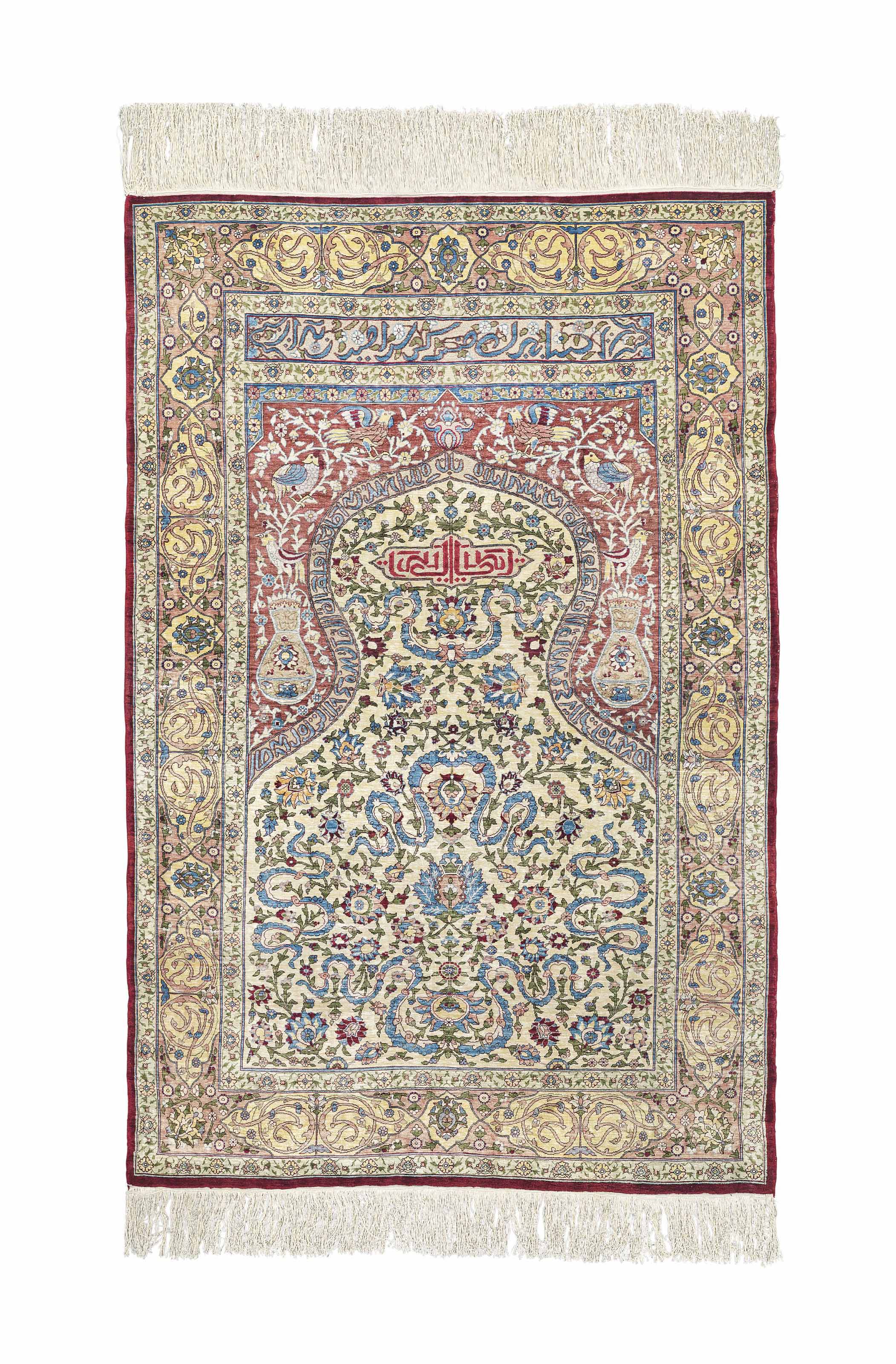 EXTREMELY FINE SILK & METAL TREAD HEREKE PRAYER RUG, TURKEY , CIRCA MID