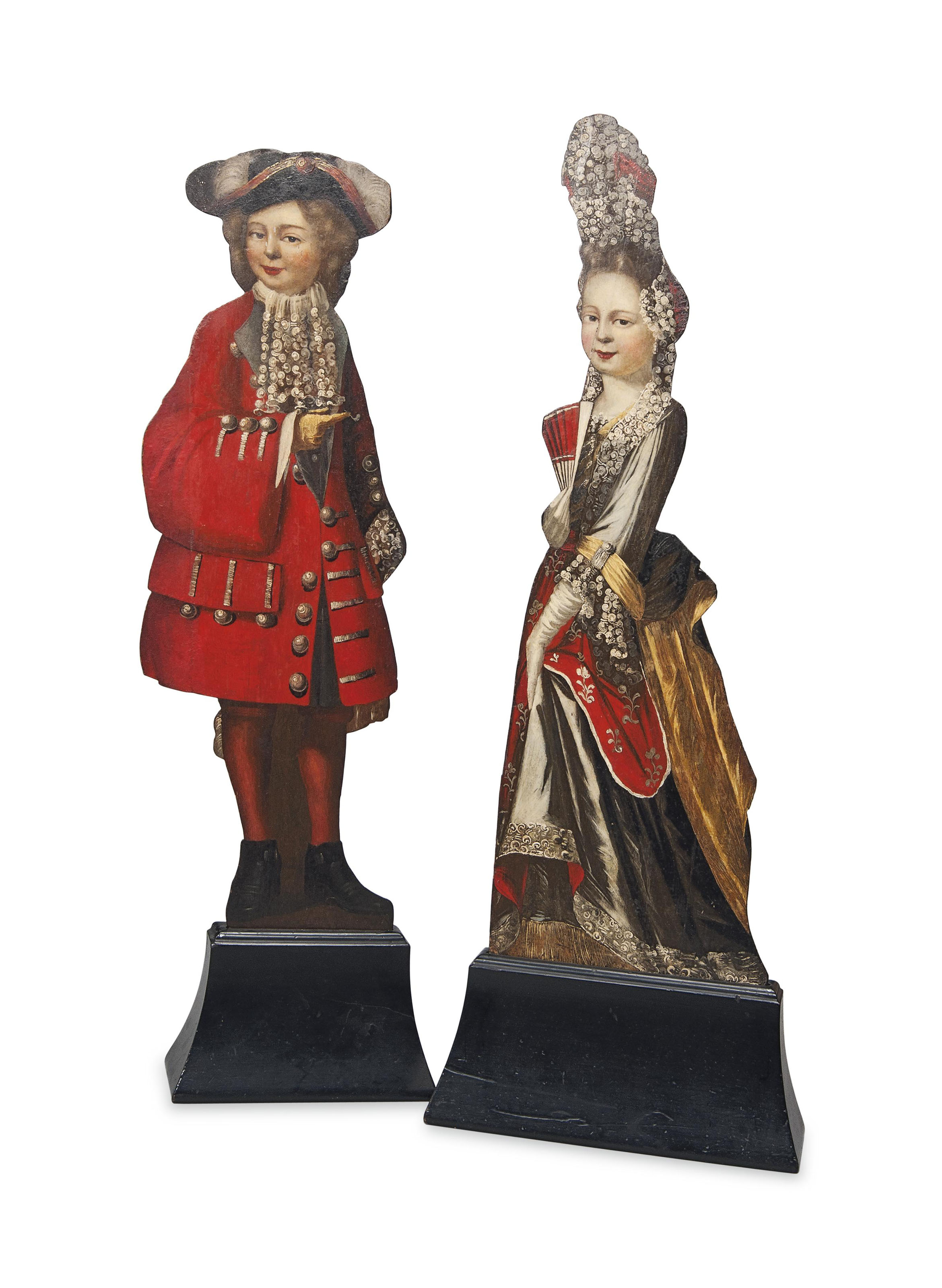 A PAIR OF QUEEN ANNE PAINTED WOOD DUMMY BOARDS
