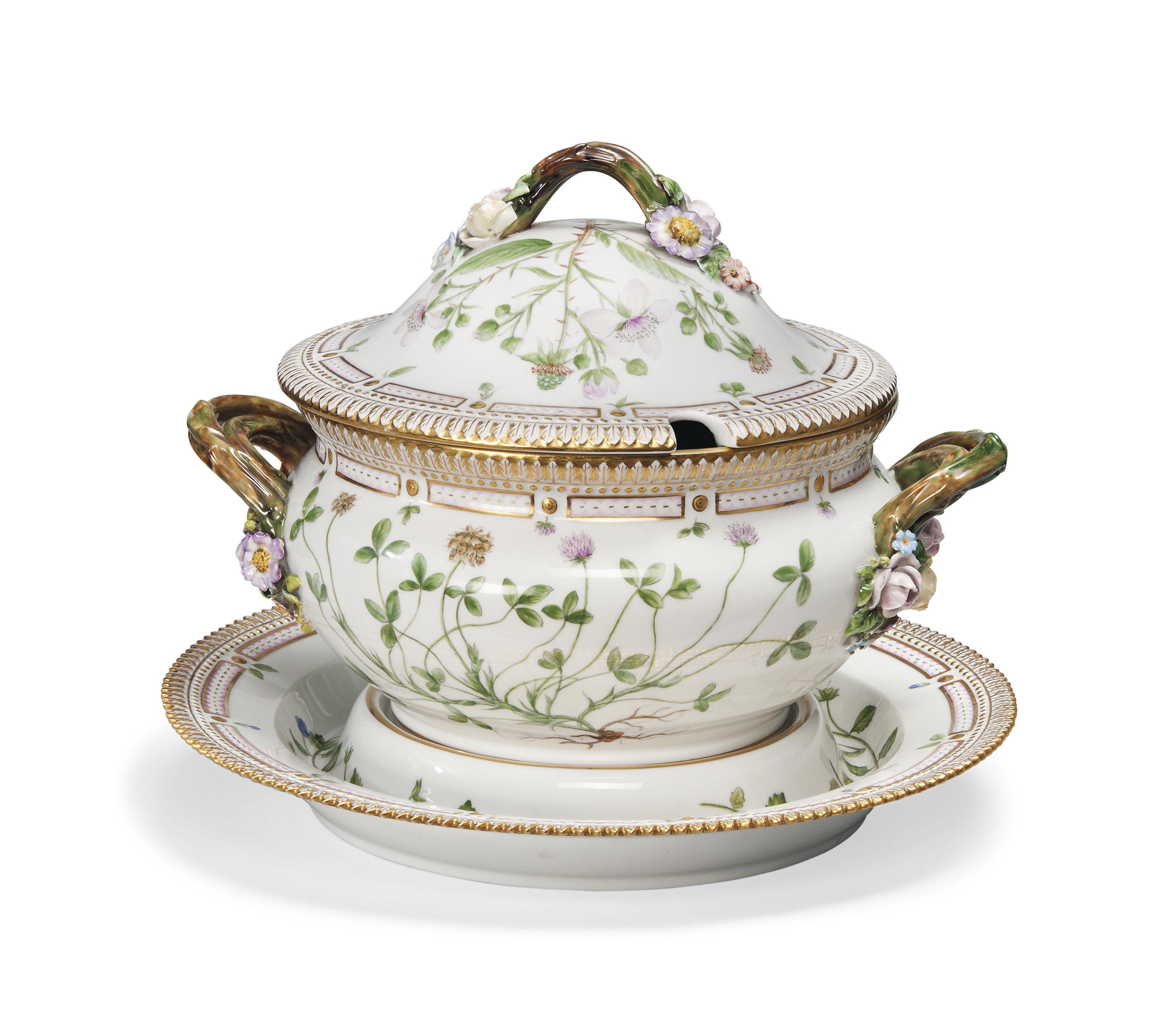 A ROYAL COPENHAGEN 'FLORA DANICA TWOHANDLED SOUPTUREEN, COVER AND