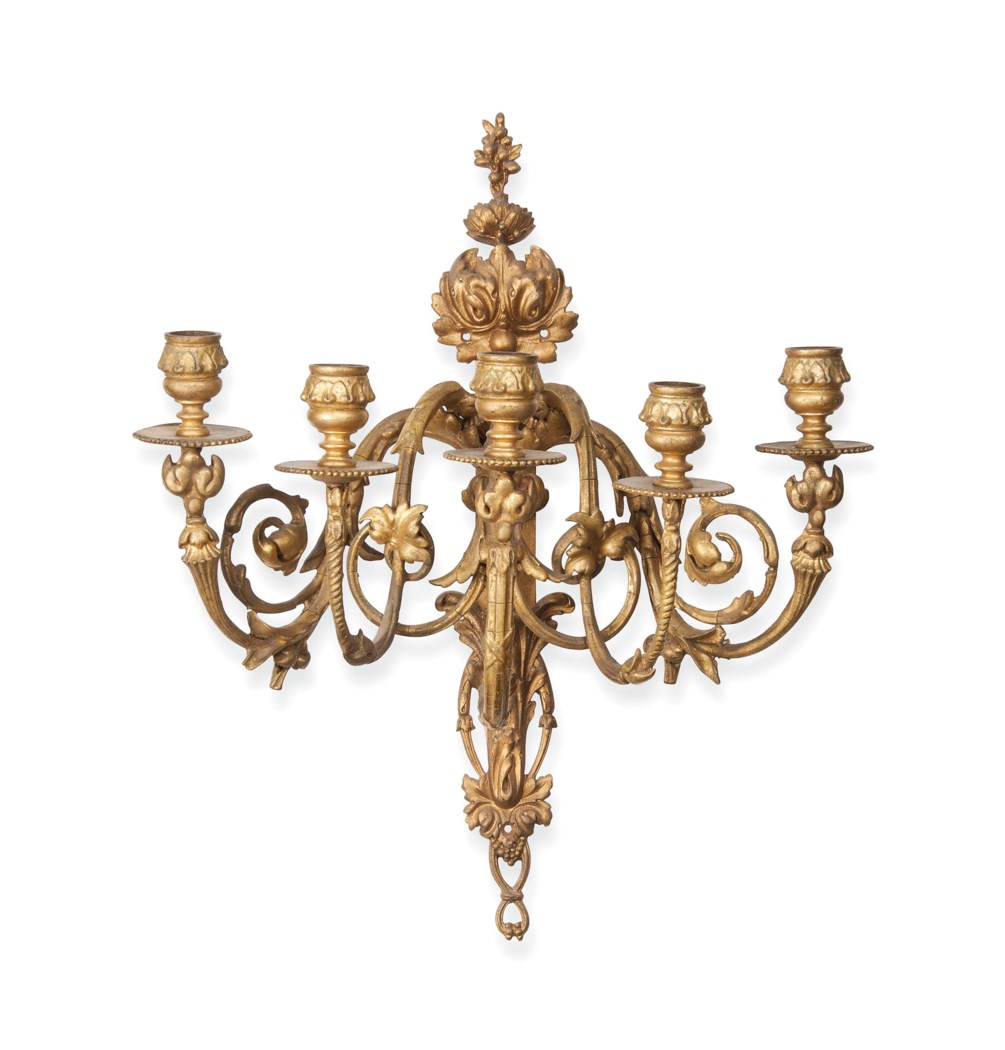 A SET OF FOUR GILTPLASTER FIVELIGHT WALLAPPLIQUES , EARLY 20TH