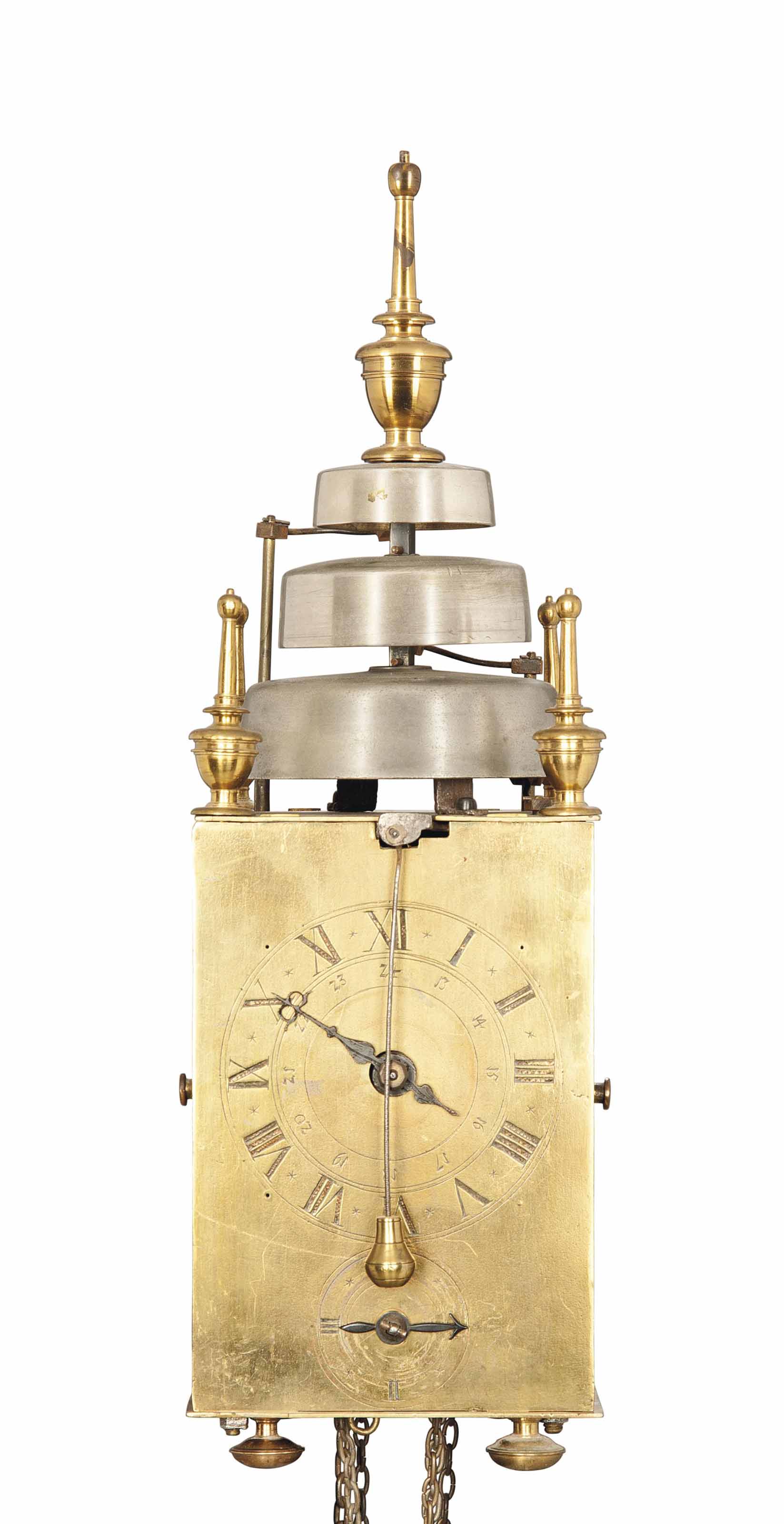A GERMAN BRASS STRIKING AND QUARTERSTRIKING CHAMBER CLOCK ,