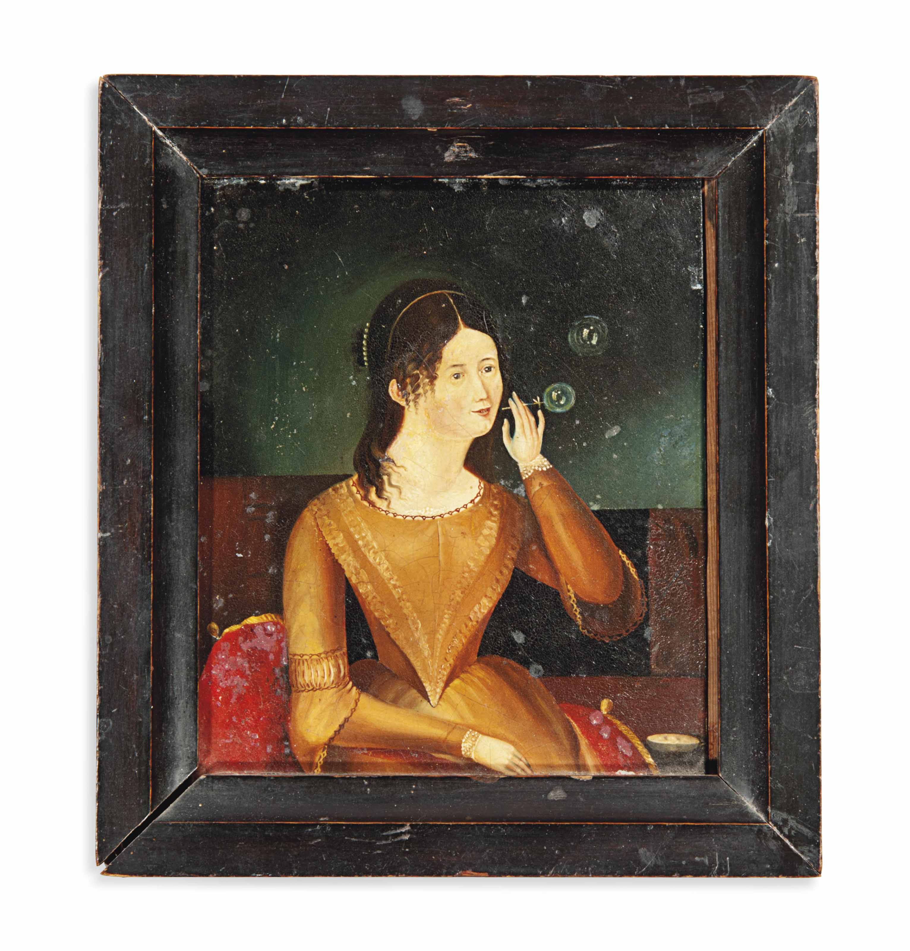 A German Painting Of A Lady Blowing Bubbles Circa 1840