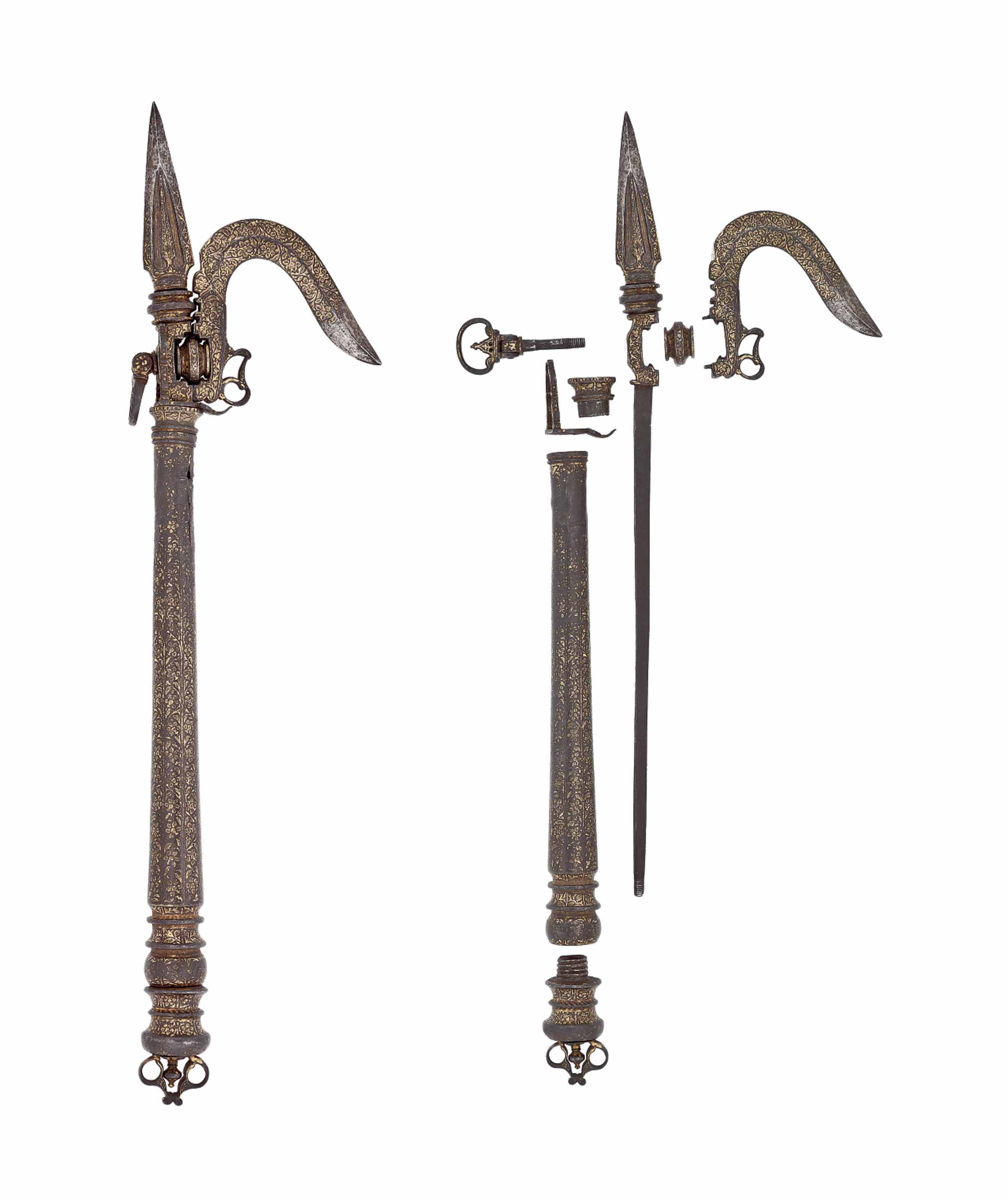 A COLLAPSIBLE GOLD DAMASCENED STEEL ELEPHANT GOAD ( ANKUS ) NORTH