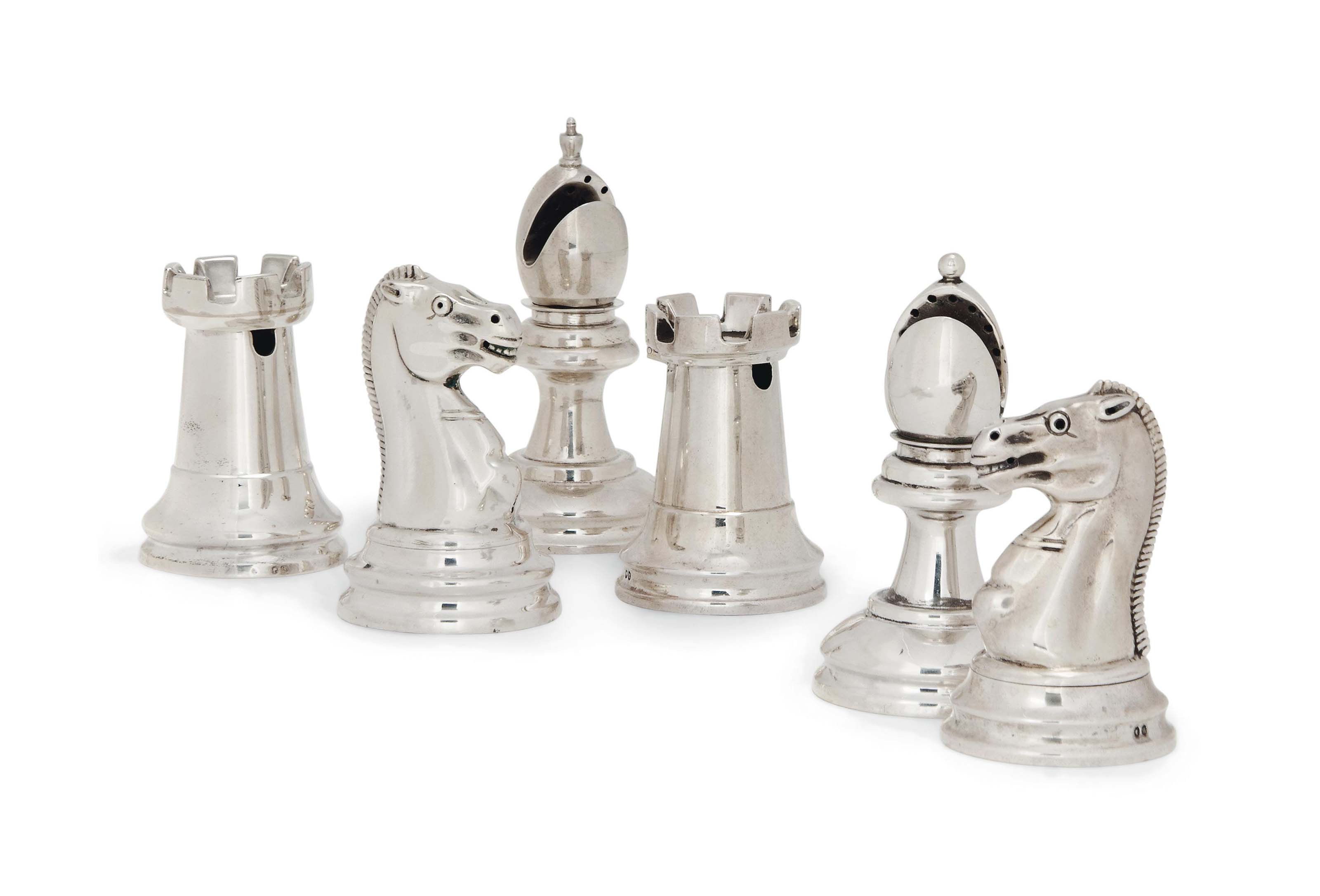 A LATE VICTORIAN MATCHED SILVER NOVELTY CHESS PIECE CONDIMENT SET