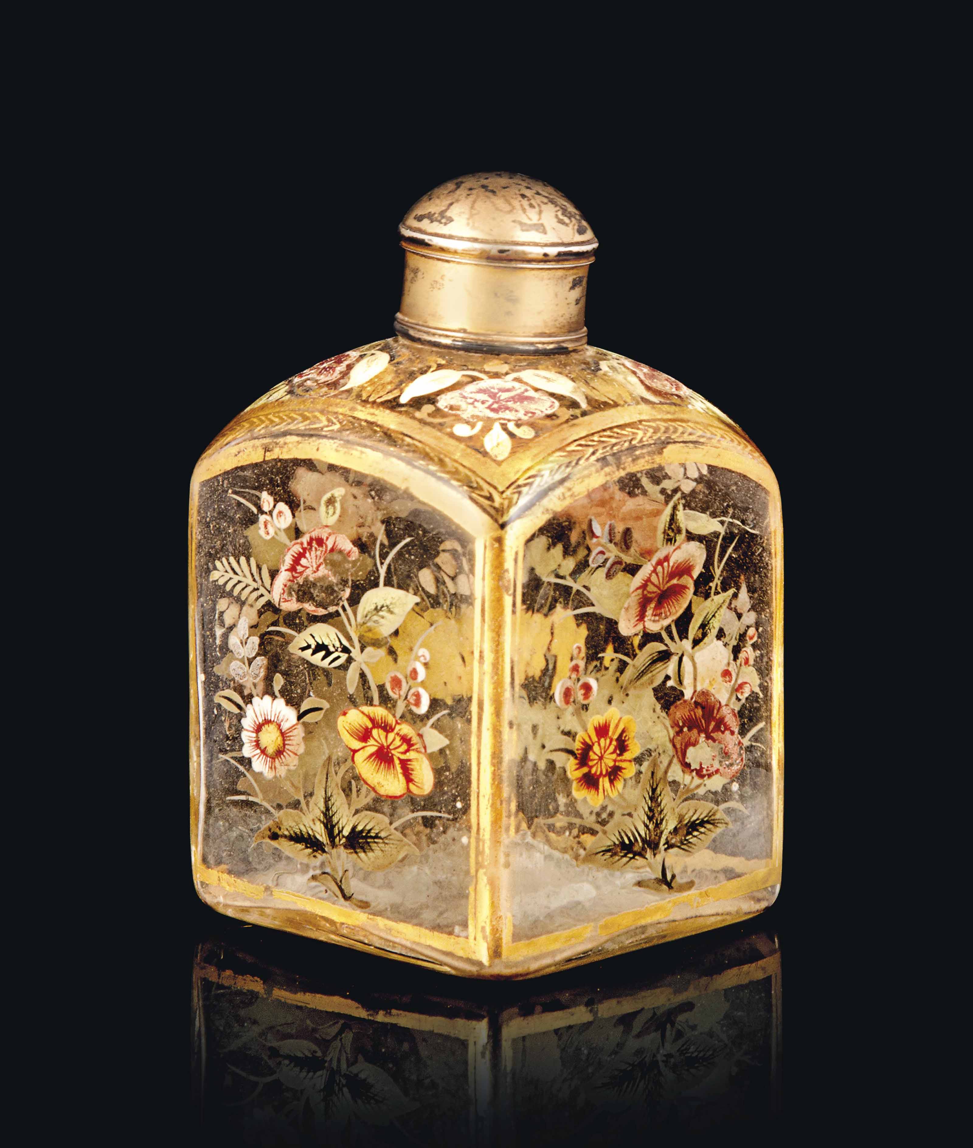 A MUGHAL ENAMELLED AND GILT CLEAR GLASS PERFUME BOTTLE , INDIA, 18TH