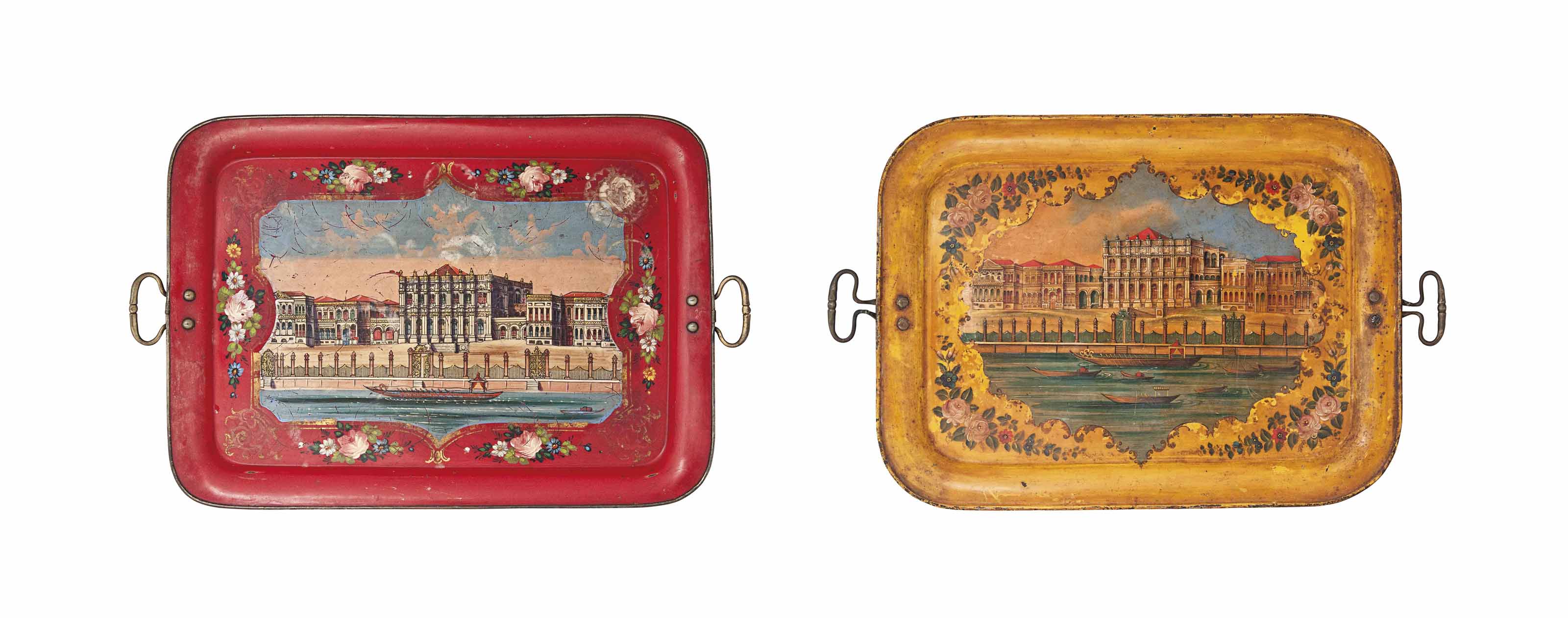 TURKISH ZAMAK TRAY GOLD COLOR RECTANGLE & WAVY Ottoman Figures-M2 