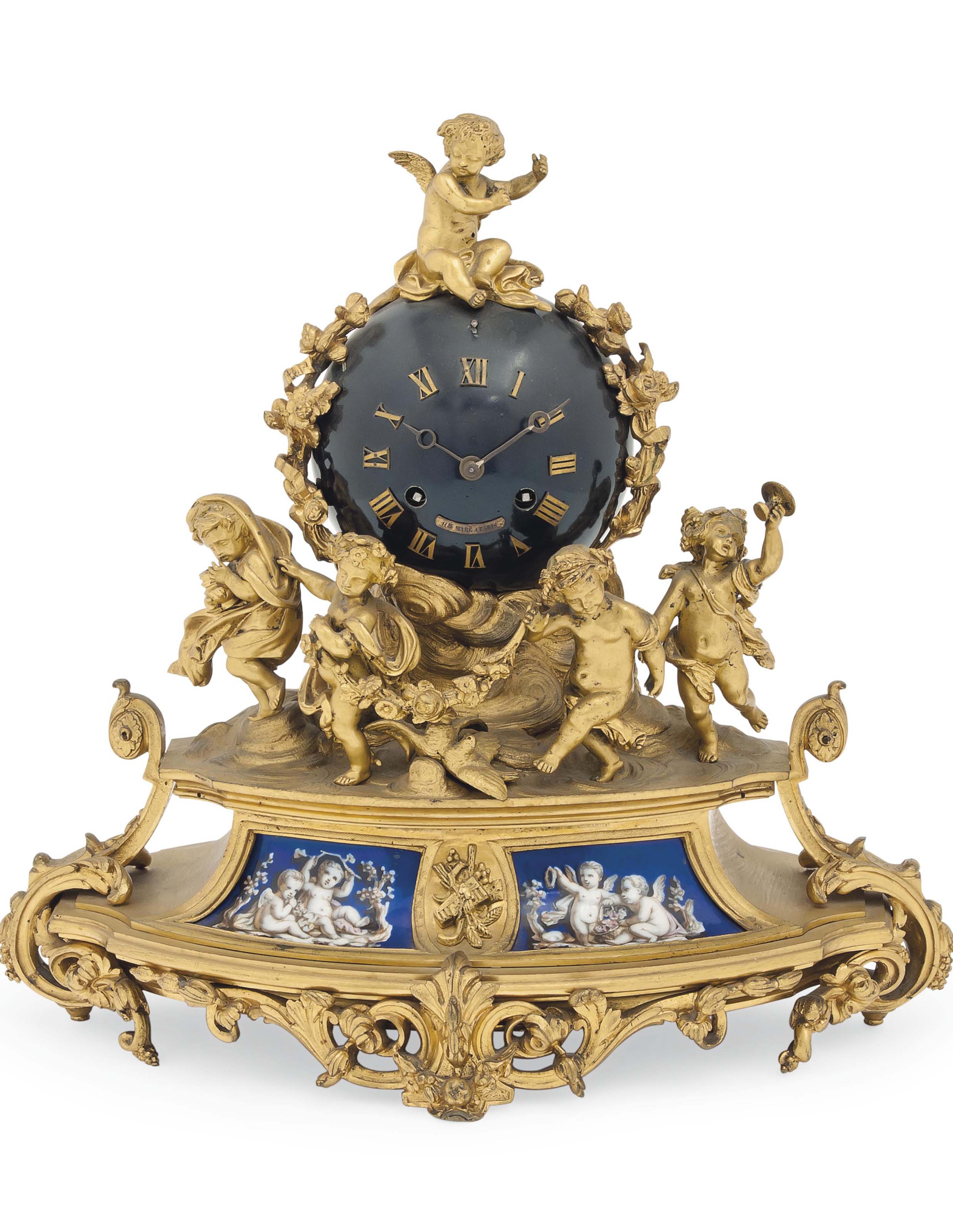 A FRENCH PORCELAINMOUNTED GILT BRONZE MANTEL CLOCK , HENRI MARC, PARIS