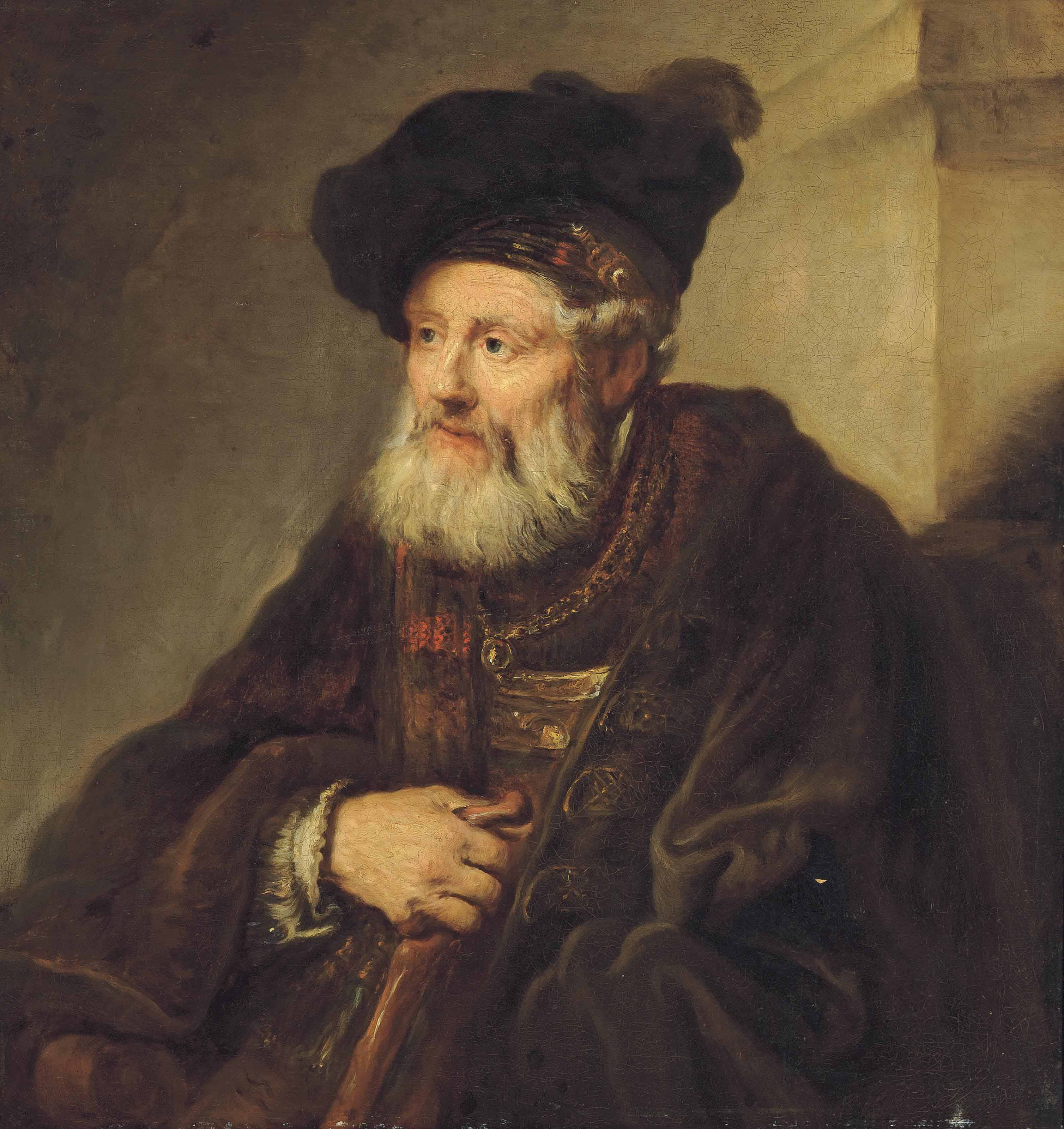 Portrait of a bearded man, bust-length, in a fur-trimmed coat and an oriental hat, holding a walking stick
