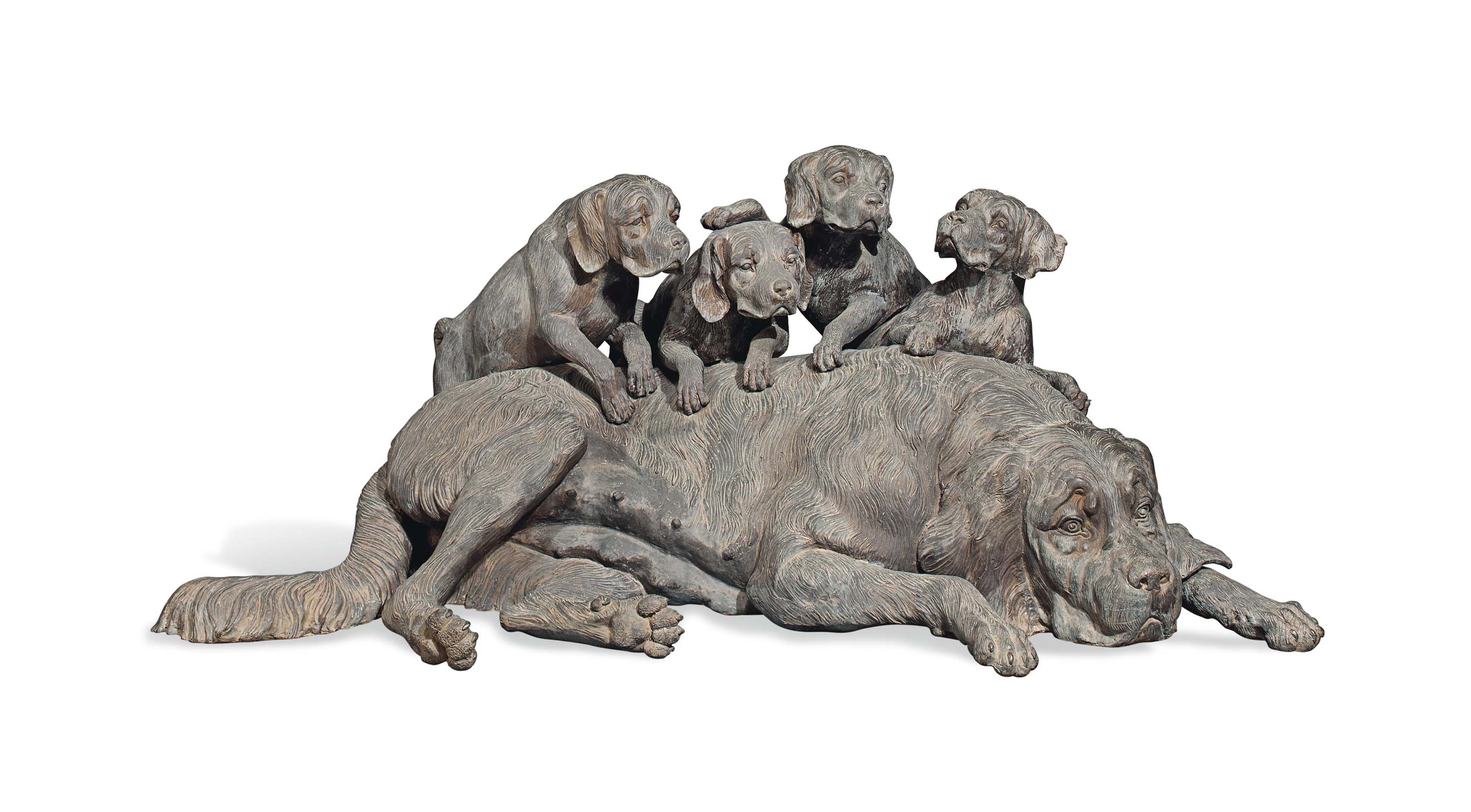 A LARGE BRONZE GROUP OF A SAINT BERNARD WITH HER PUPPIES