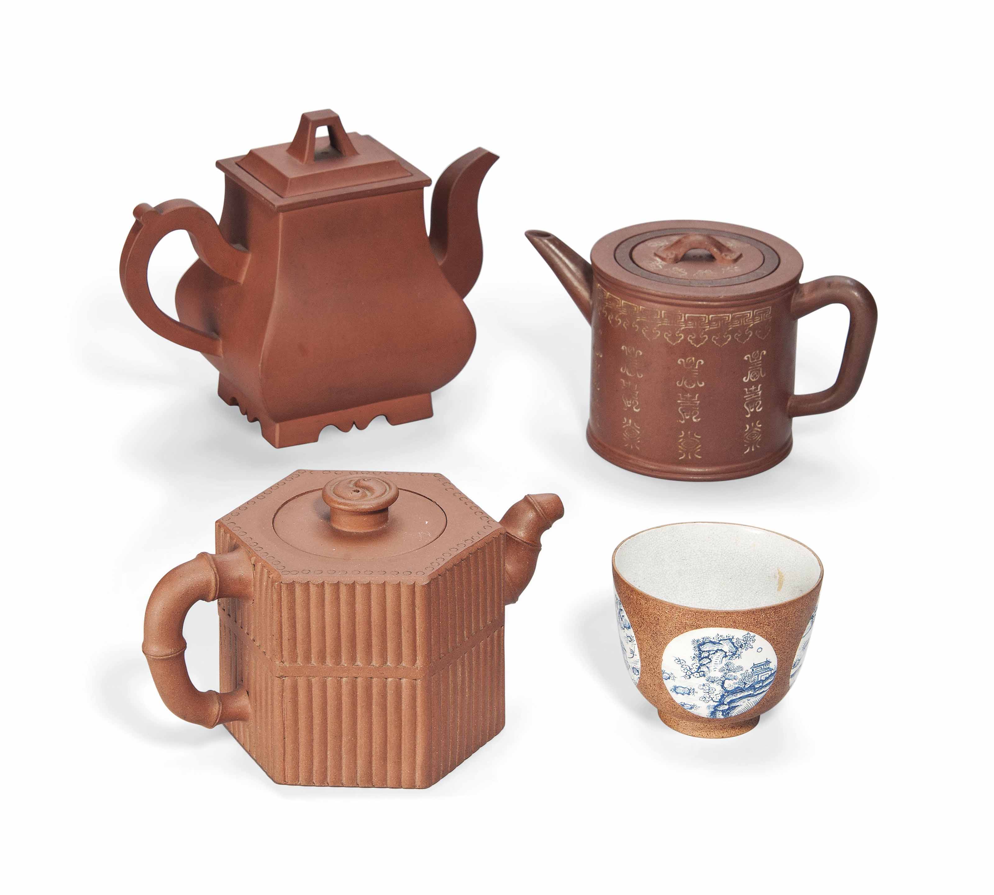 THREE CHINESE YIXING TEAPOTS AND AN ENAMELLED YIXING CUP , 19TH CENTURY