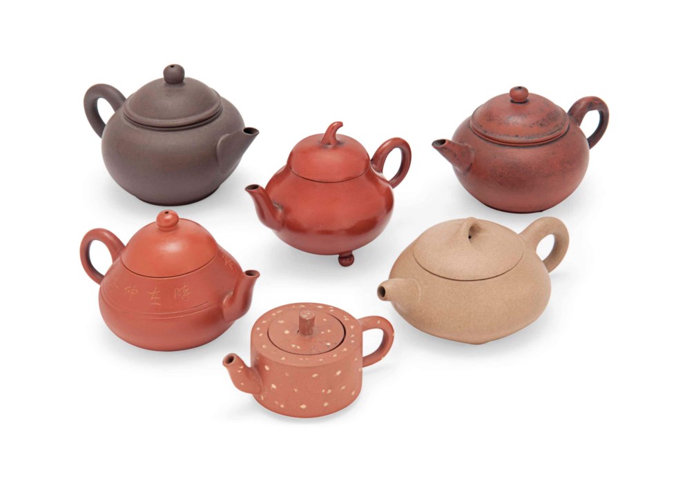SIX SMALL CHINESE YIXING TEAPOTS