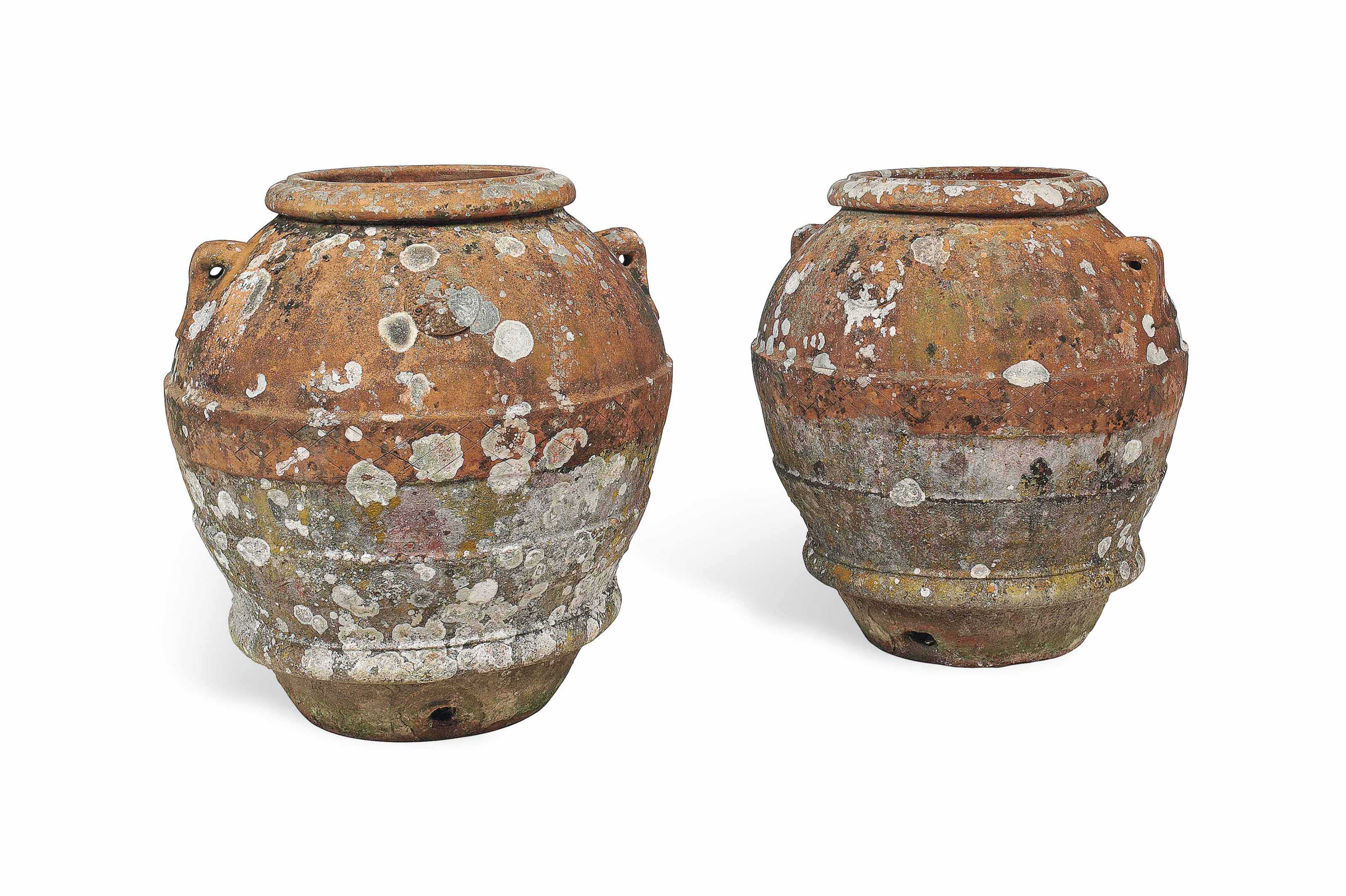 A PAIR OF MASSIVE ITALIAN TERRACOTTA OLIVEOIL STORAGE JARS , 19TH