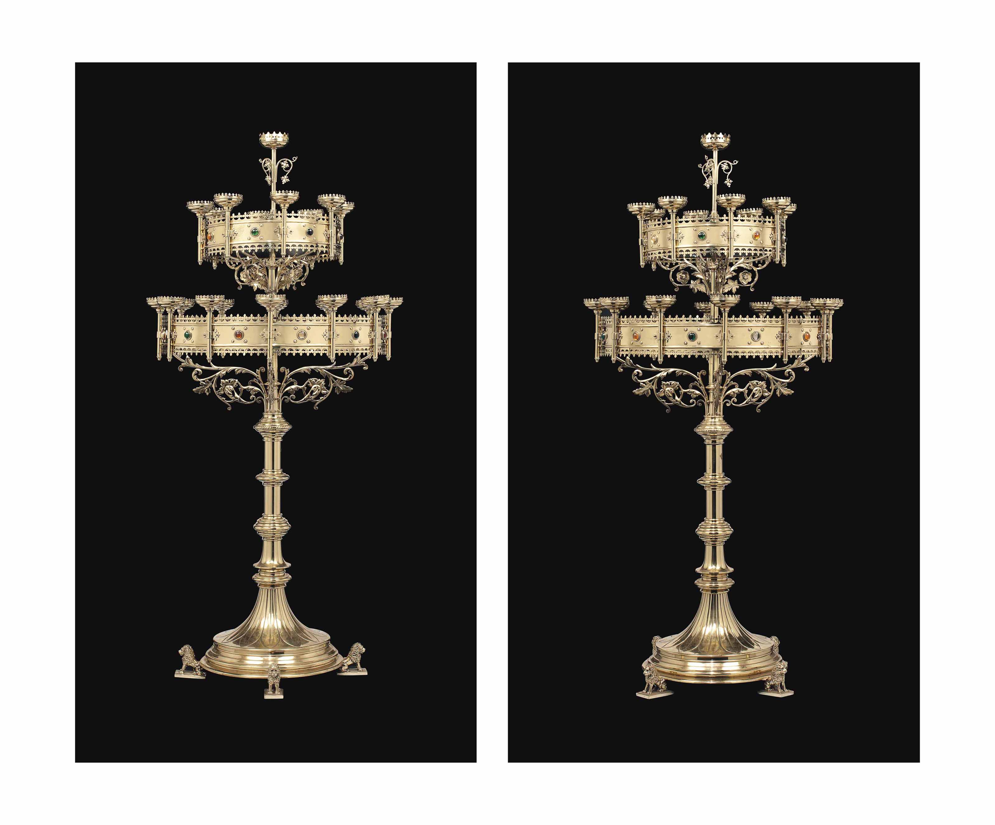 A Pair Of Victorian Gothic Brass Floor Standing Candelabra Circa