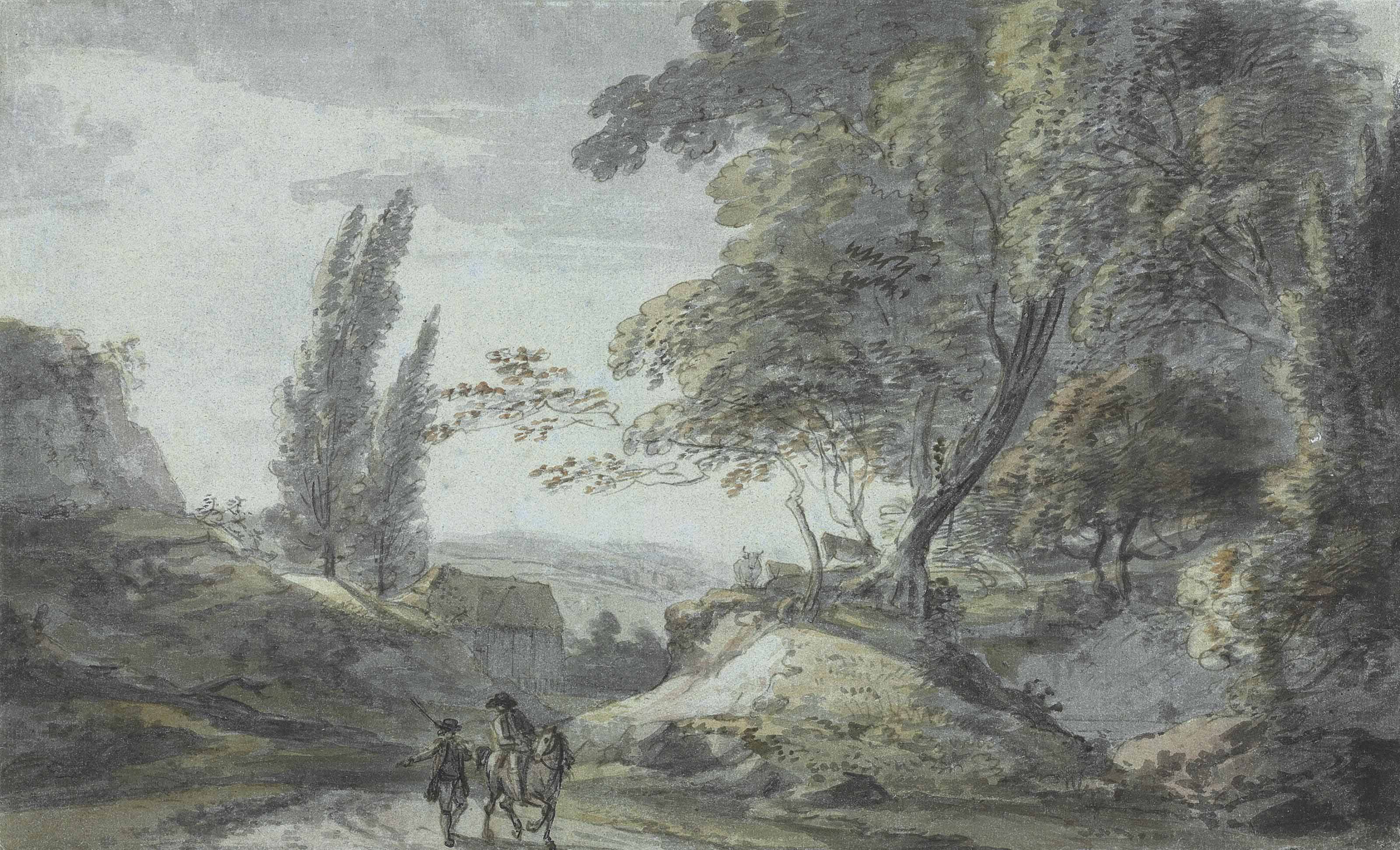 Travellers conversing on a country road in a wooded landscape
