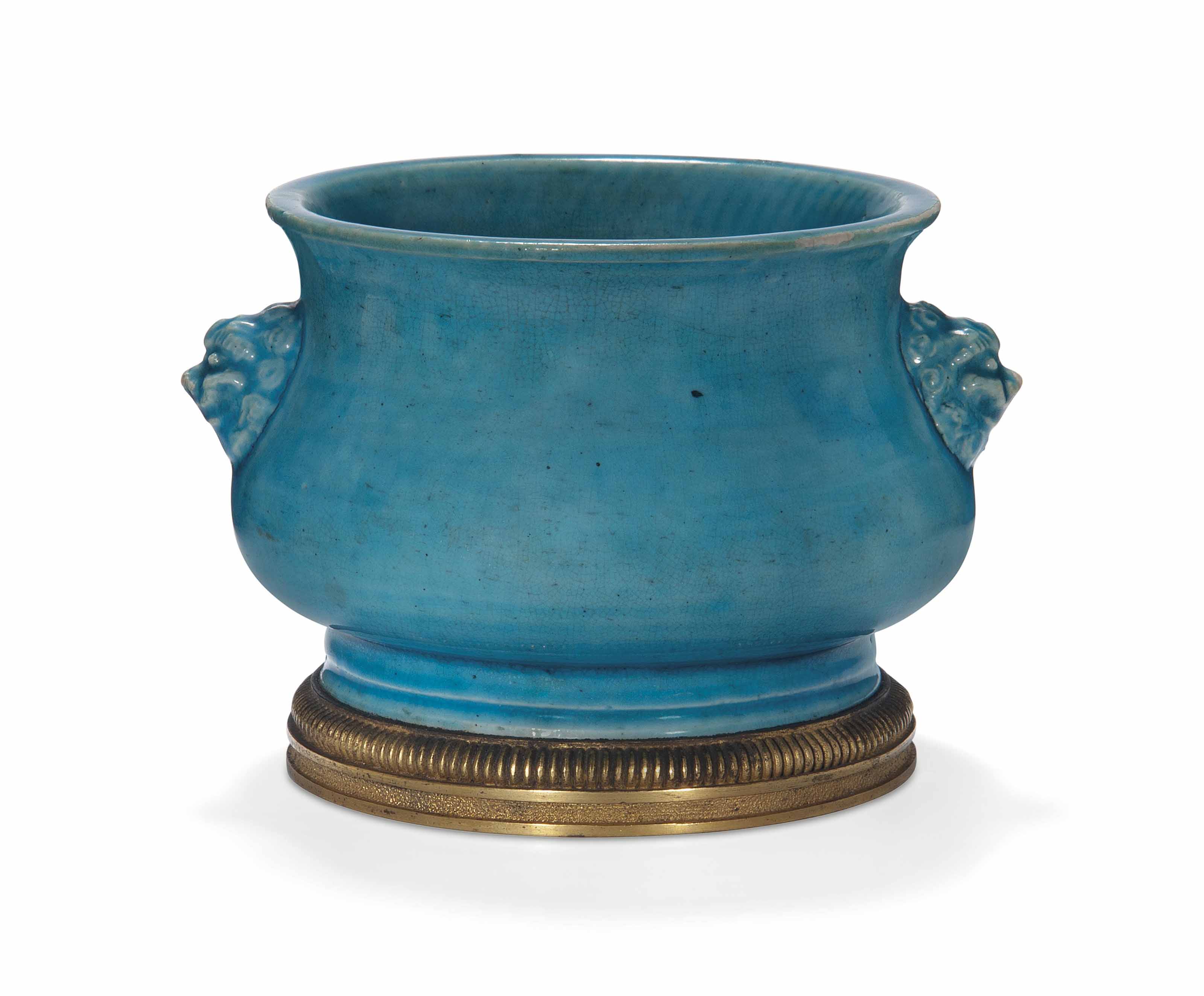 A CHINESE ORMOLU MOUNTED TURQUOISE GLAZED CENSER THE PORCELAIN KANGXI 