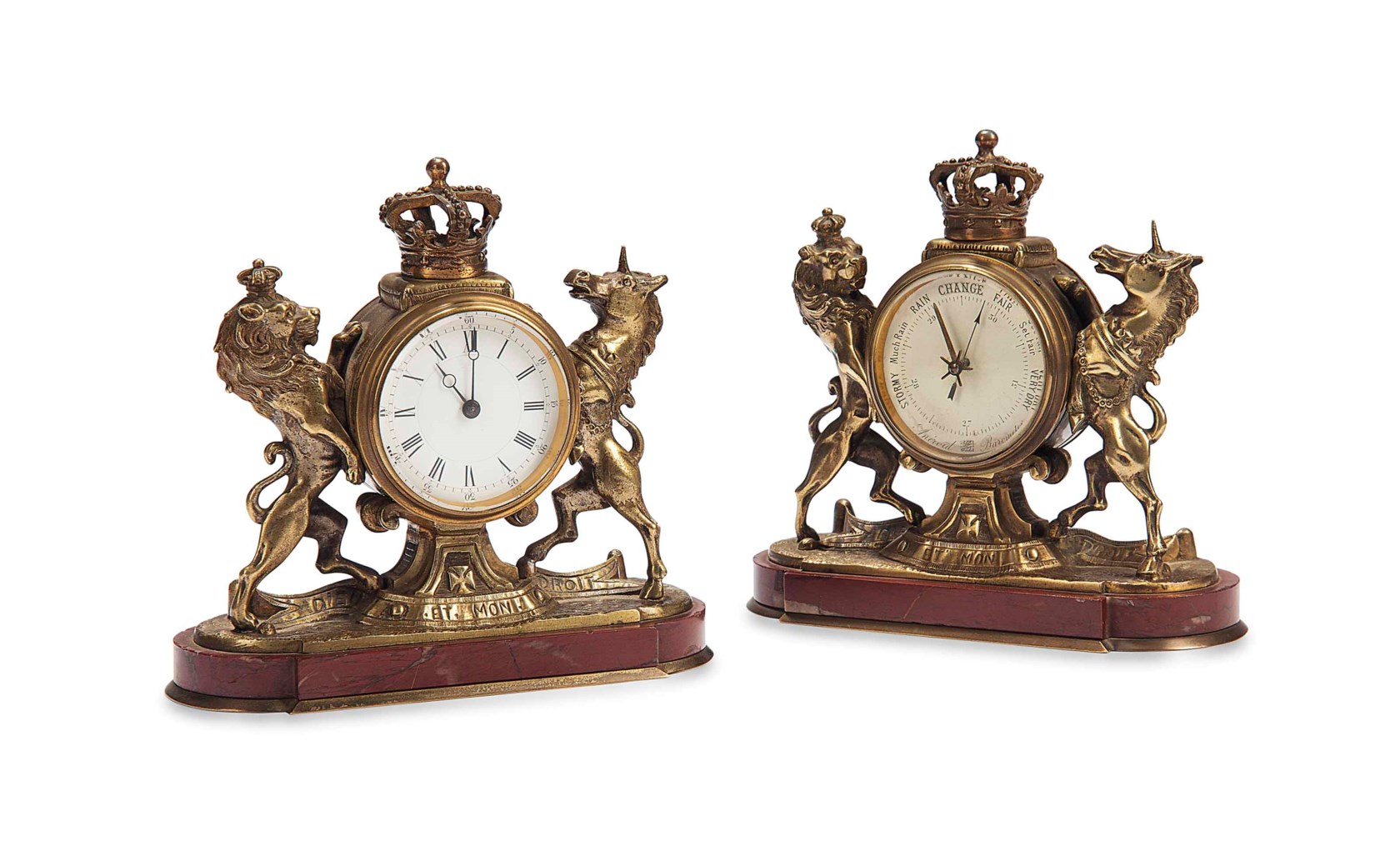 A PAIR OF LATE VICTORIAN BRASS AND MARBLE DESK ORNAMENTS