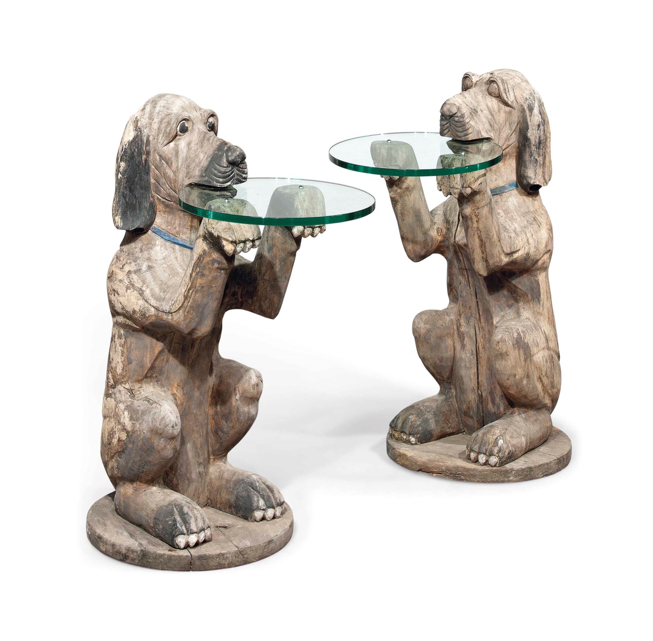 A PAIR OF NOVELTY WOOD TABLES CARVED AS DOGS