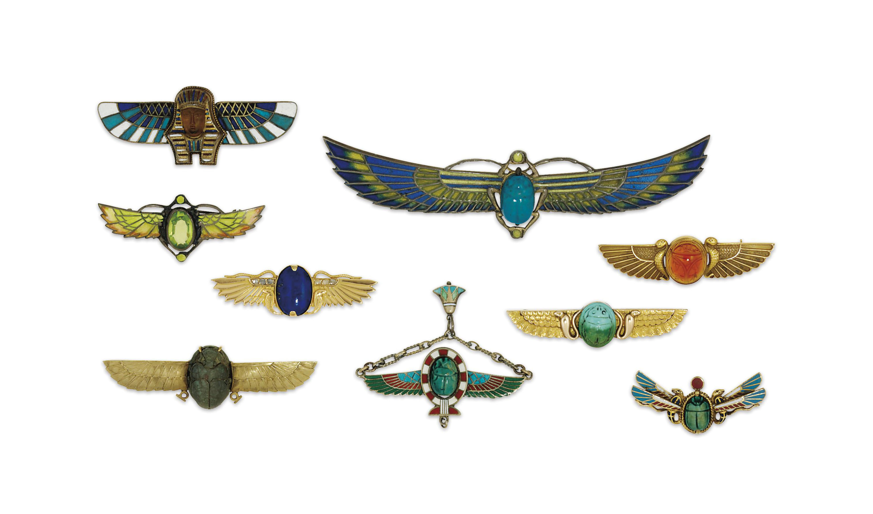 A Collection Of Art Nouveau And Art Deco Egyptian Revival Winged Scarab Brooches