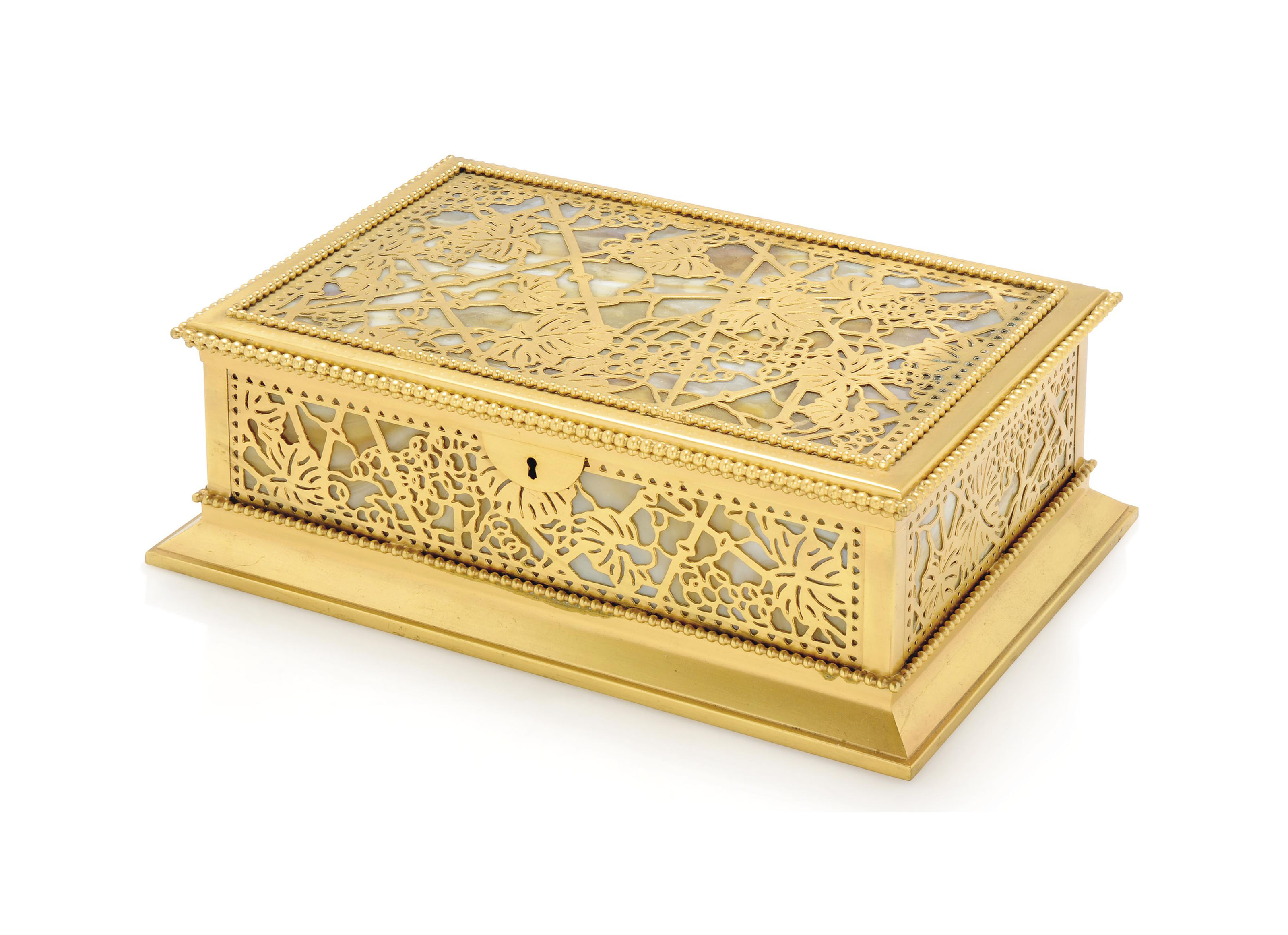 A TIFFANY STUDIOS GILTBRONZE AND MARBLED GLASS JEWELLERY BOX , EARLY