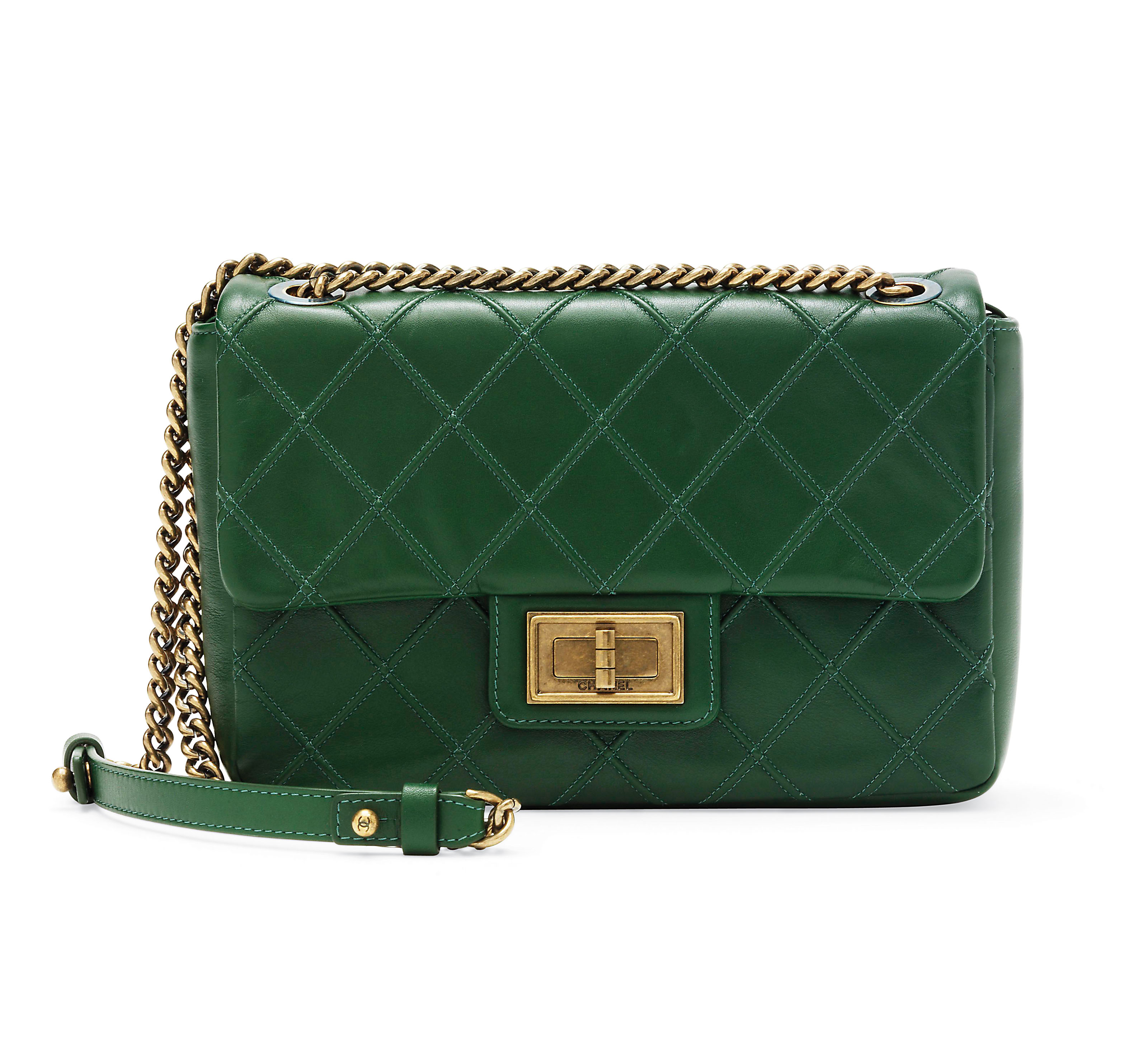 A FOREST GREEN LEATHER COSMOS FLAT QUILT SINGLE FLAP BAG, CHANEL, 2013