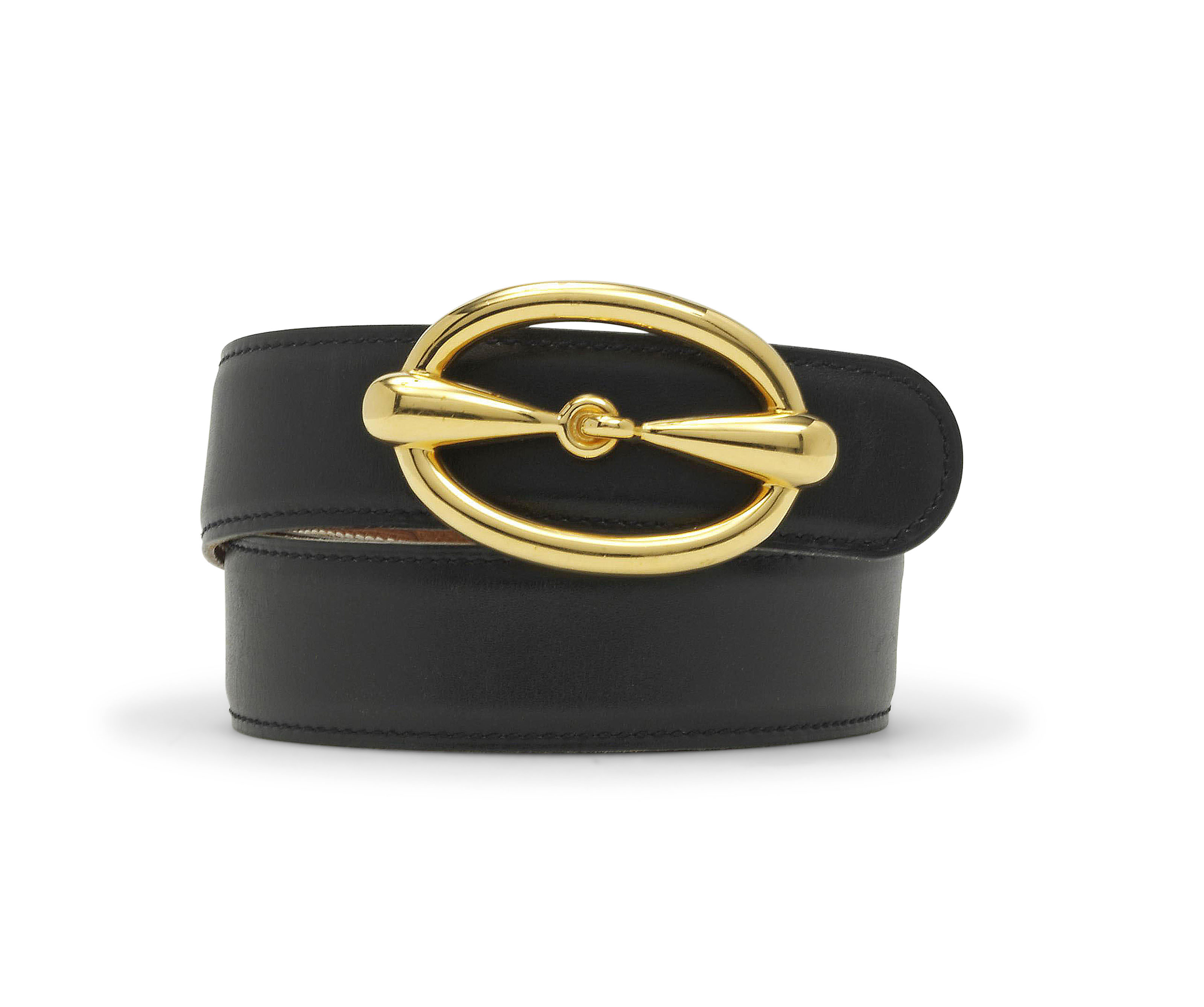 A BLACK LEATHER BELT AND A GOLDTONE METAL AND BLACK LEATHER  display picture 1
