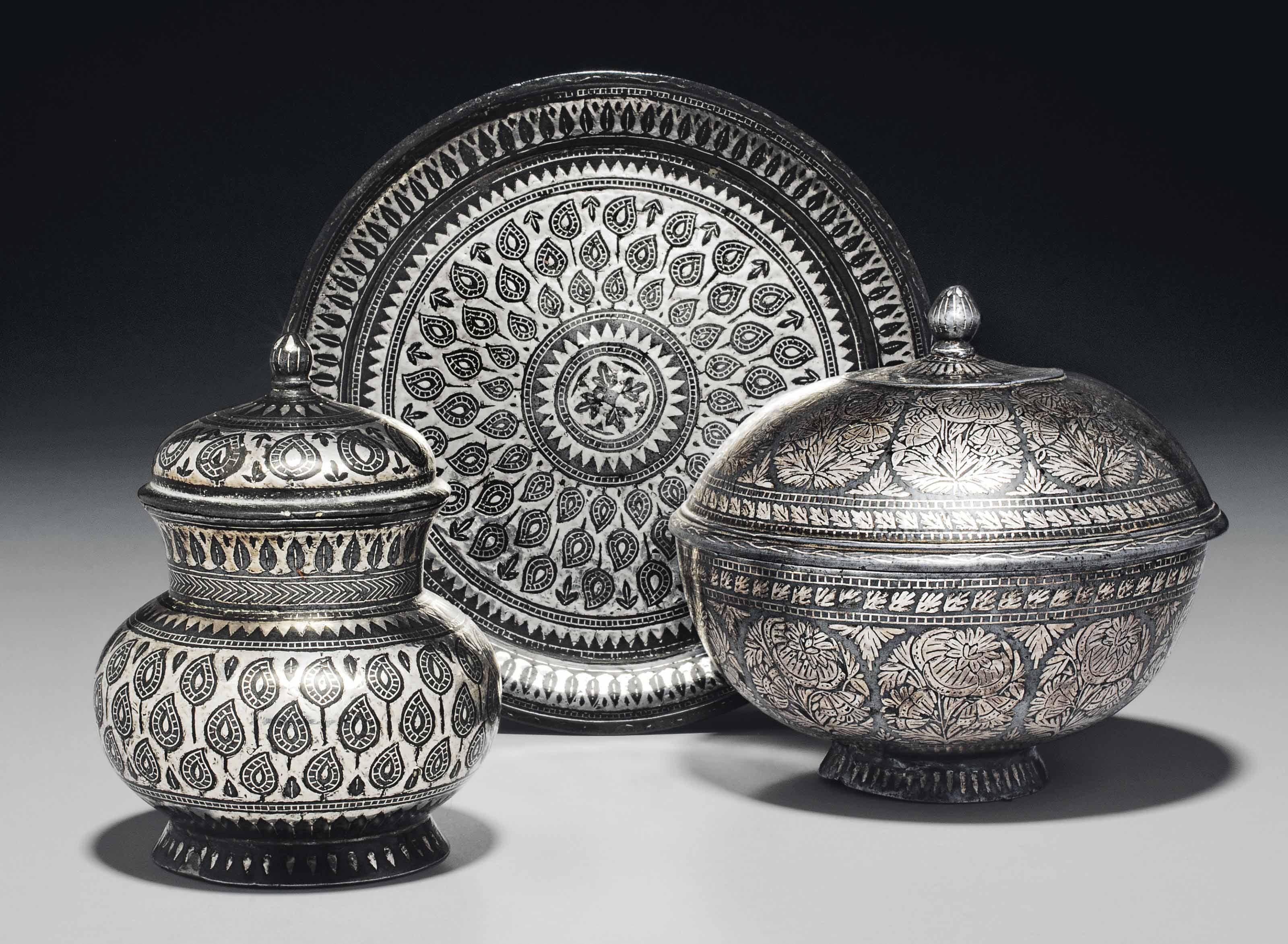 THREE SILVERINLAID BIDRI VESSELS , BIDAR, DECCAN, INDIA, 19TH CENTURY
