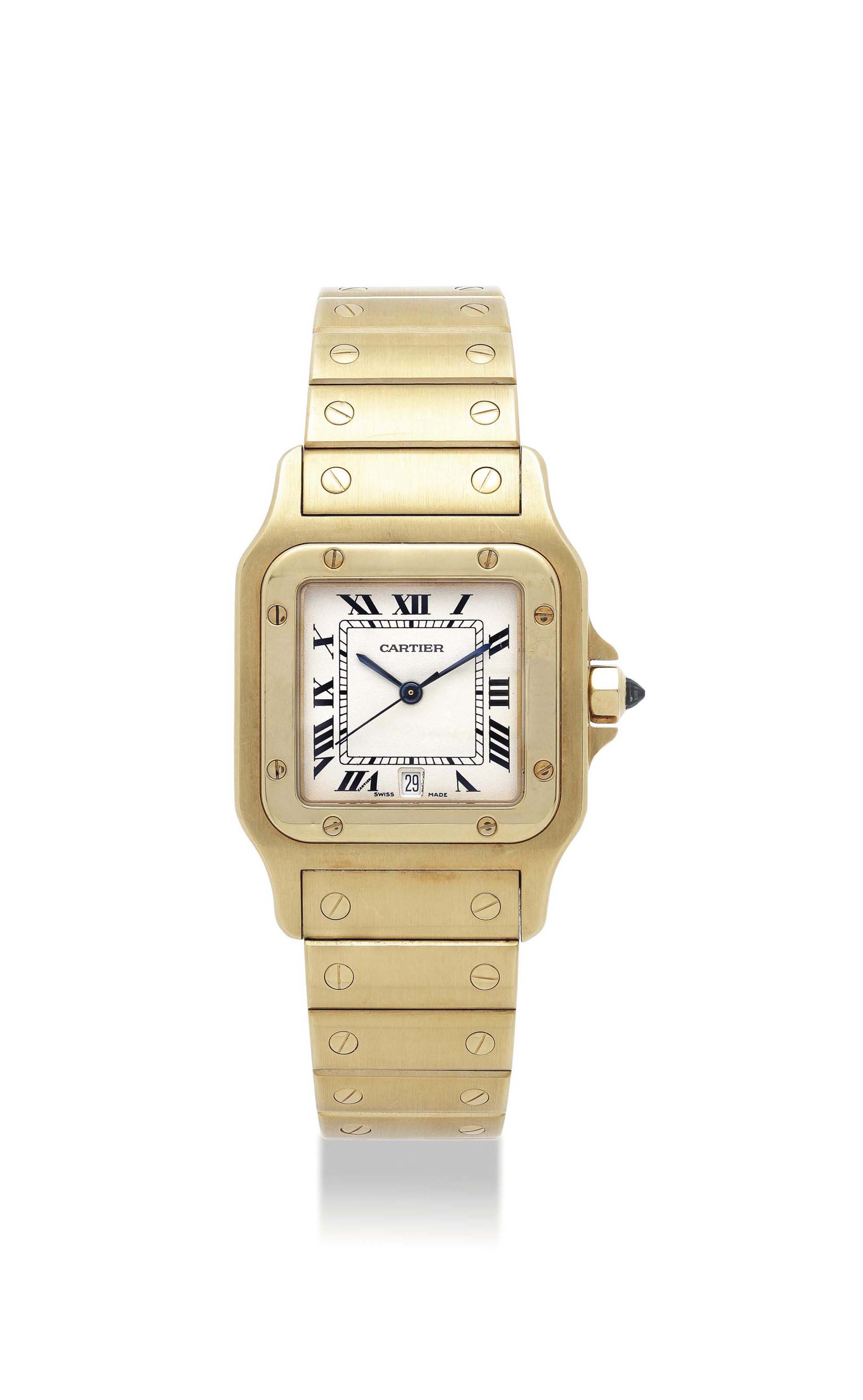 CARTIER. AN 18K GOLD SQUARE BRACELET WATCH WITH SWEEP CENTRE SECONDS