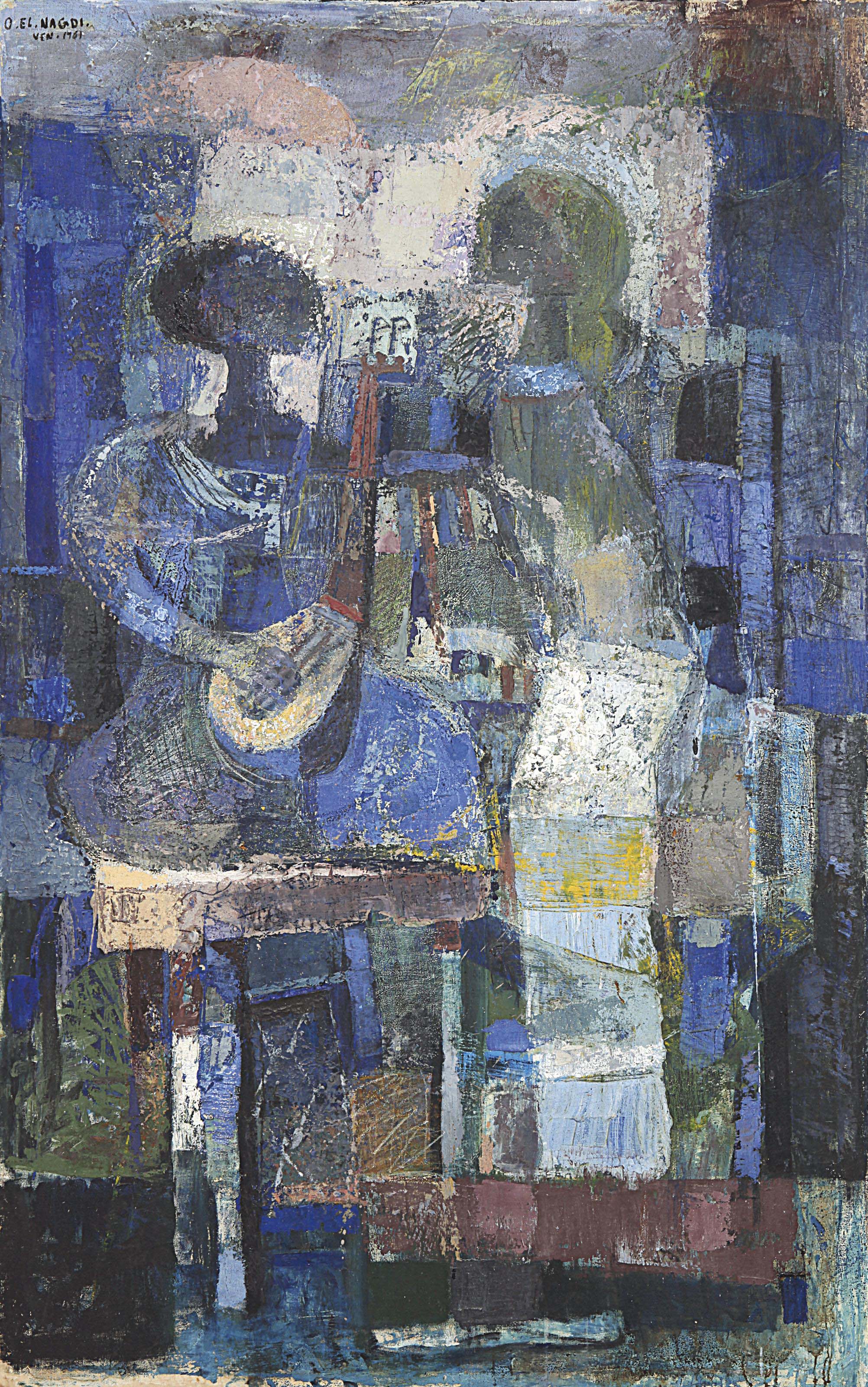 Omar ElNagdi (Egyptian, b. 1931) , Le Musicien Bleu (The Blue Musician