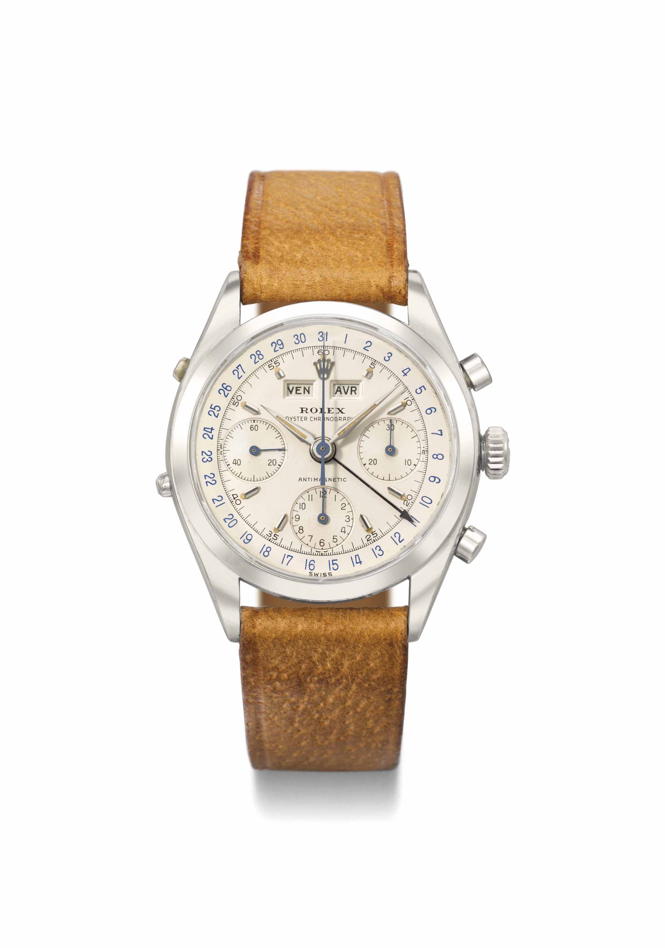 Rolex. A fine, rare and attractive stainless steel triple calendar