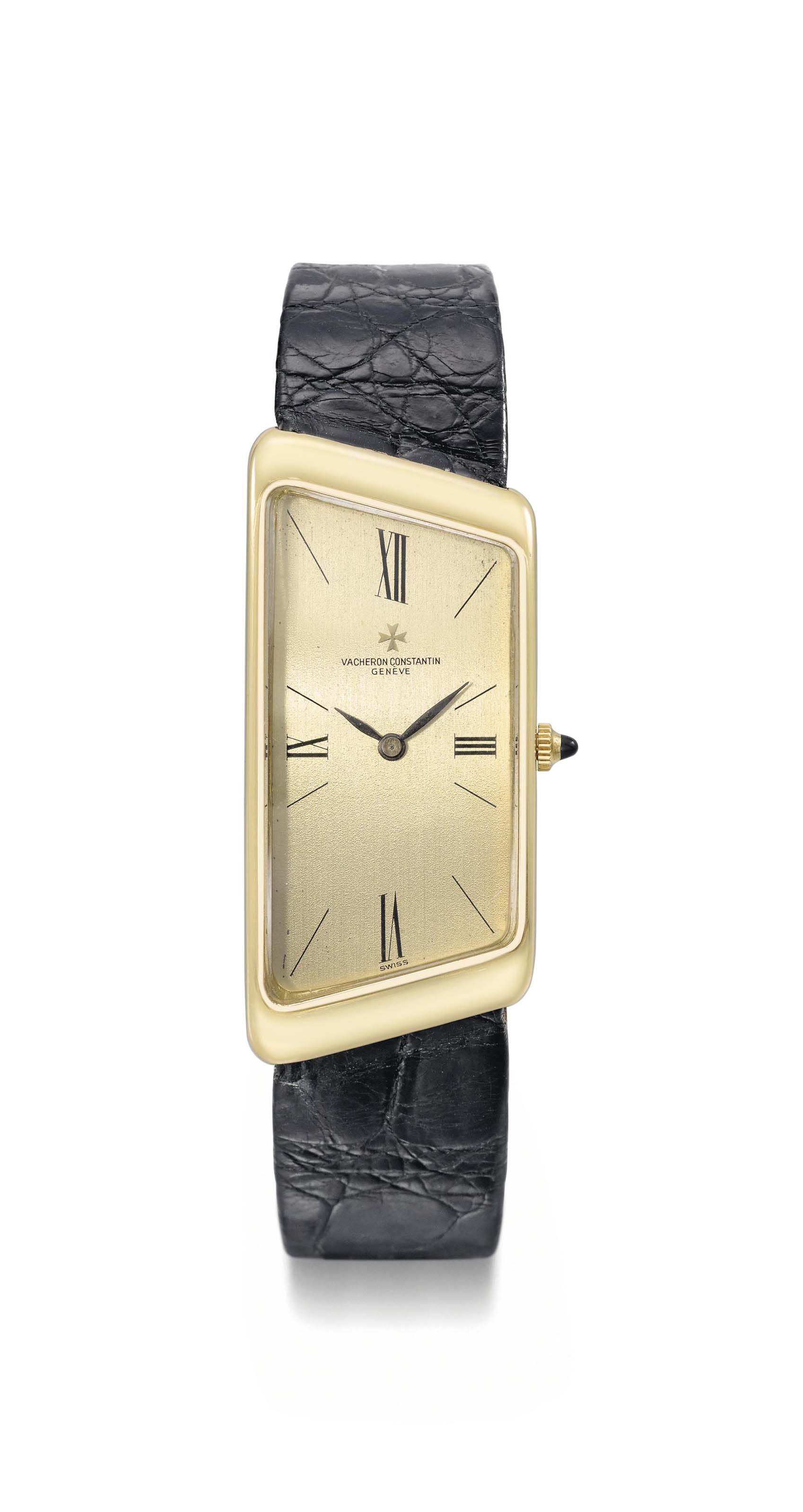 Vacheron Constantin. A fine and elegant 18K gold asymmetrical curved wristwatch SIGNED VACHERON CONSTANTIN GENEVE 1972 PRESTIGE DE LA FRANCE MODEL REF. 2091 MOVEMENT NO. 648 799 CASE NO. 500 503 MANUF...