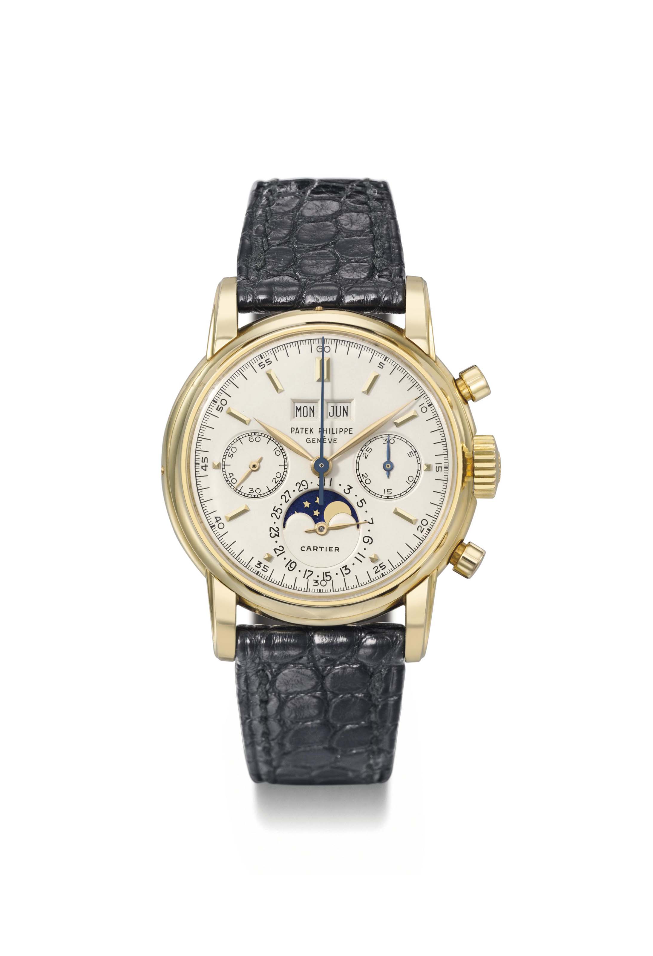 Patek Philippe. An extremely fine very important and probably unique 18K gold perpetual calendar chronograph wristwatch with moon phases retailed by Cartier SIGNED PATEK PHILIPPE GENEVE RETAILED BY CA...