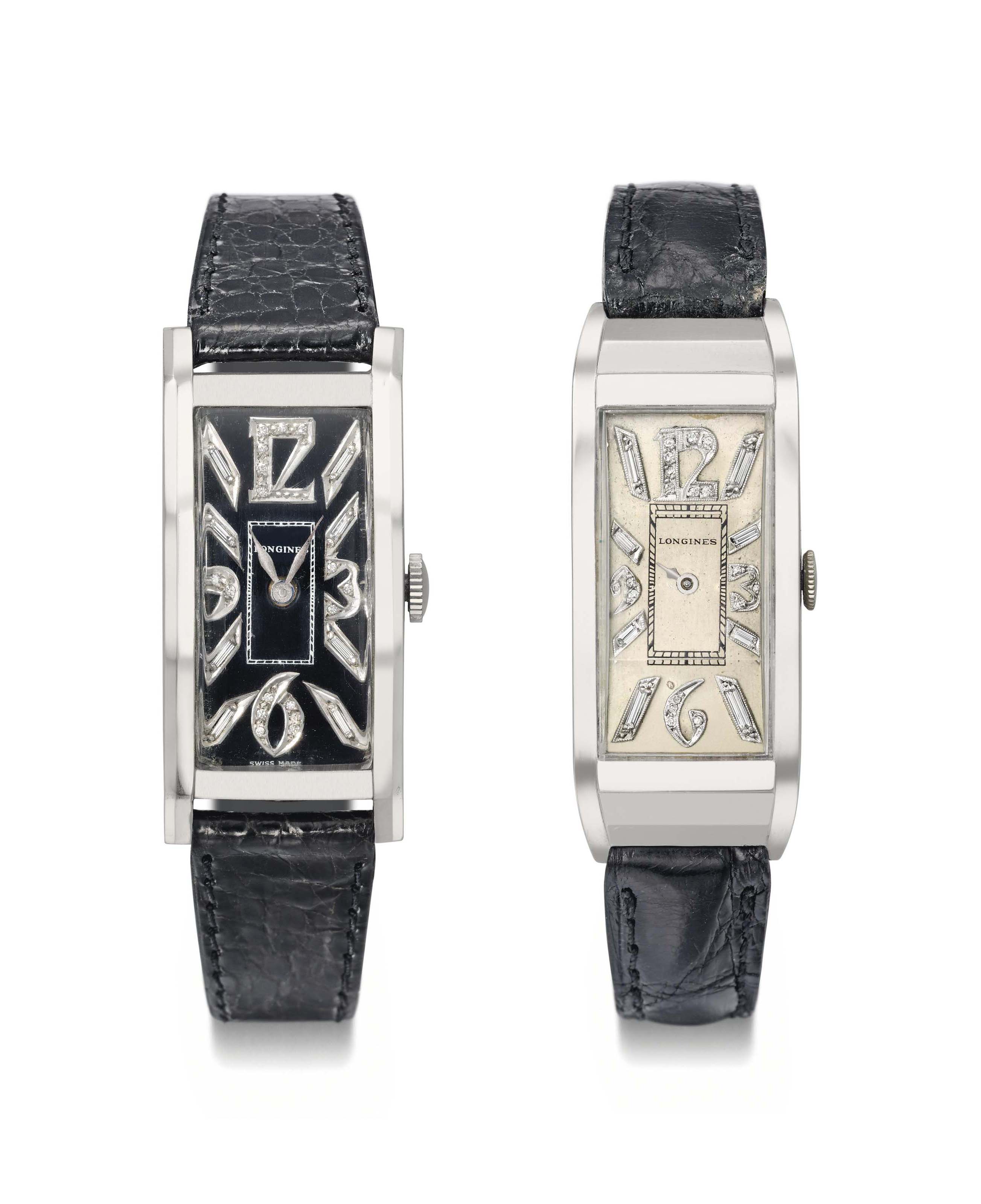 Longines. A lot of two platinum and diamond set rectangular curved