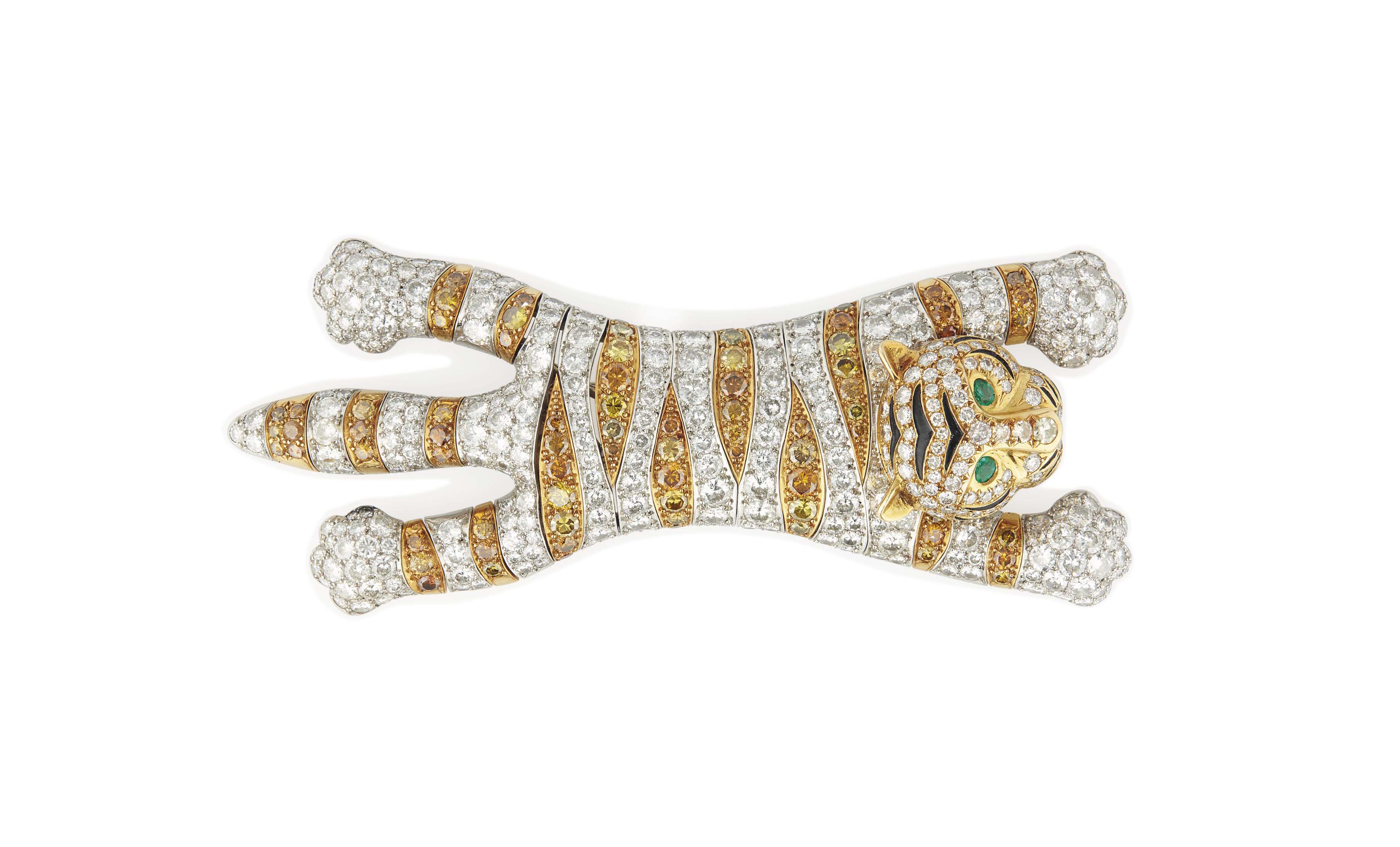 A diamond, coloured diamond, emerald and enamel tiger shoulder brooch by Ren&eacute; Boivin. Sold for CHF677,000 on 12 November 2013 at Christie&rsquo;s in Geneva