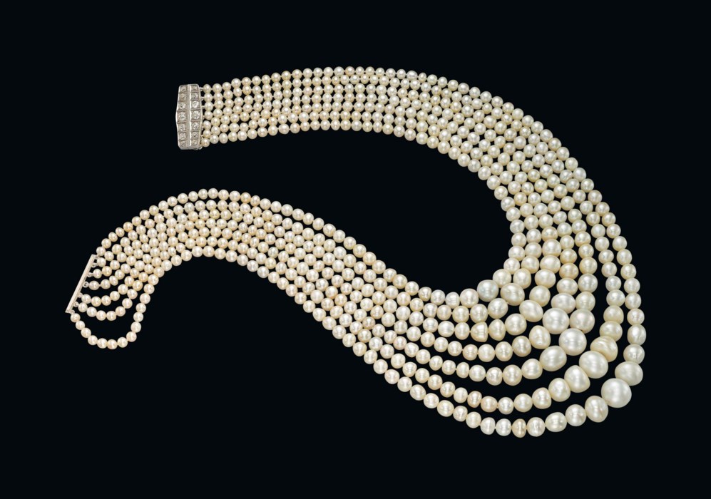 A SPECTACULAR SEVENSTRAND NATURAL PEARL AND DIAMOND NECKLACE Christie's