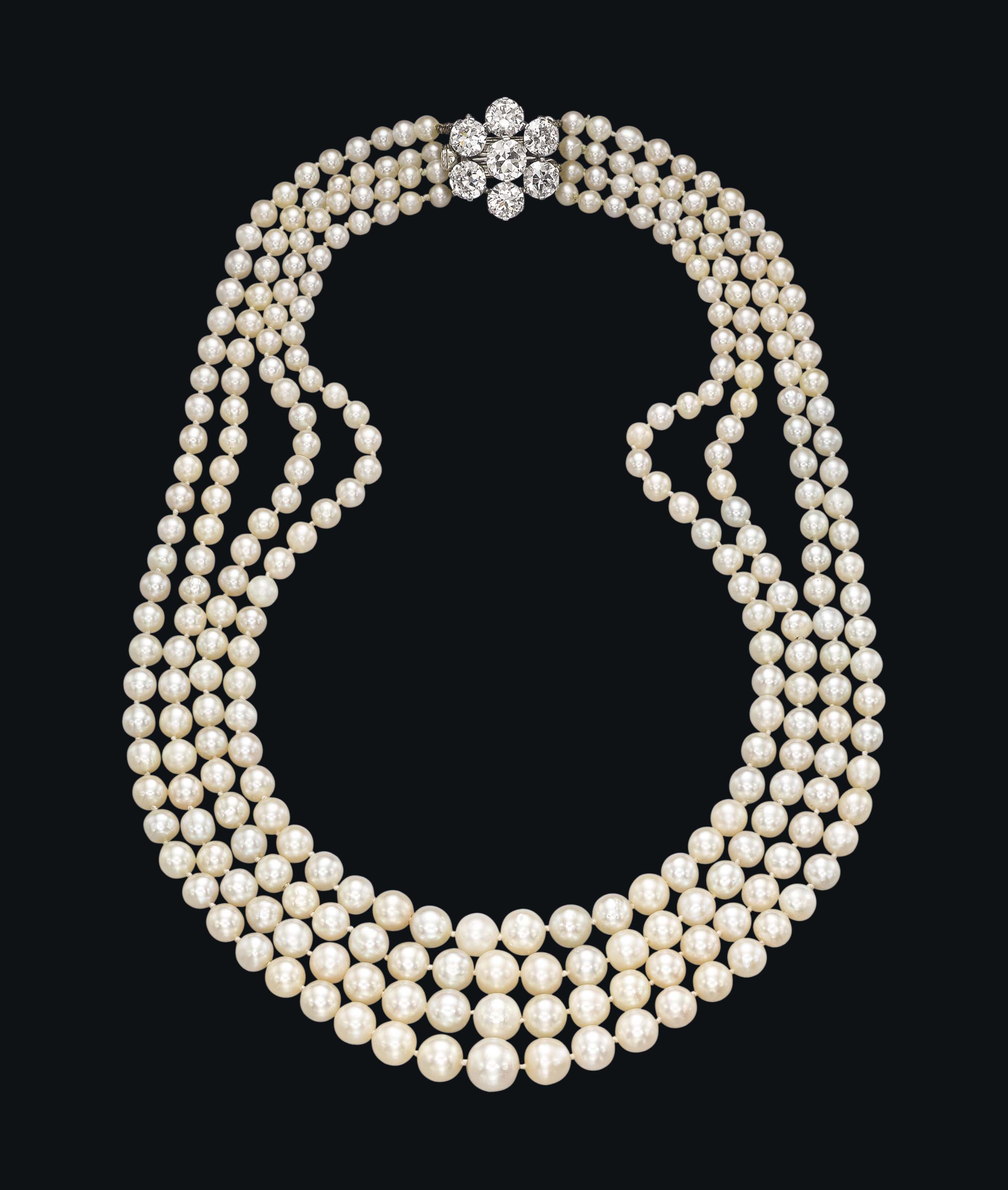 A FOURSTRAND NATURAL PEARL, CULTURED PEARL AND DIAMOND NECKLACE