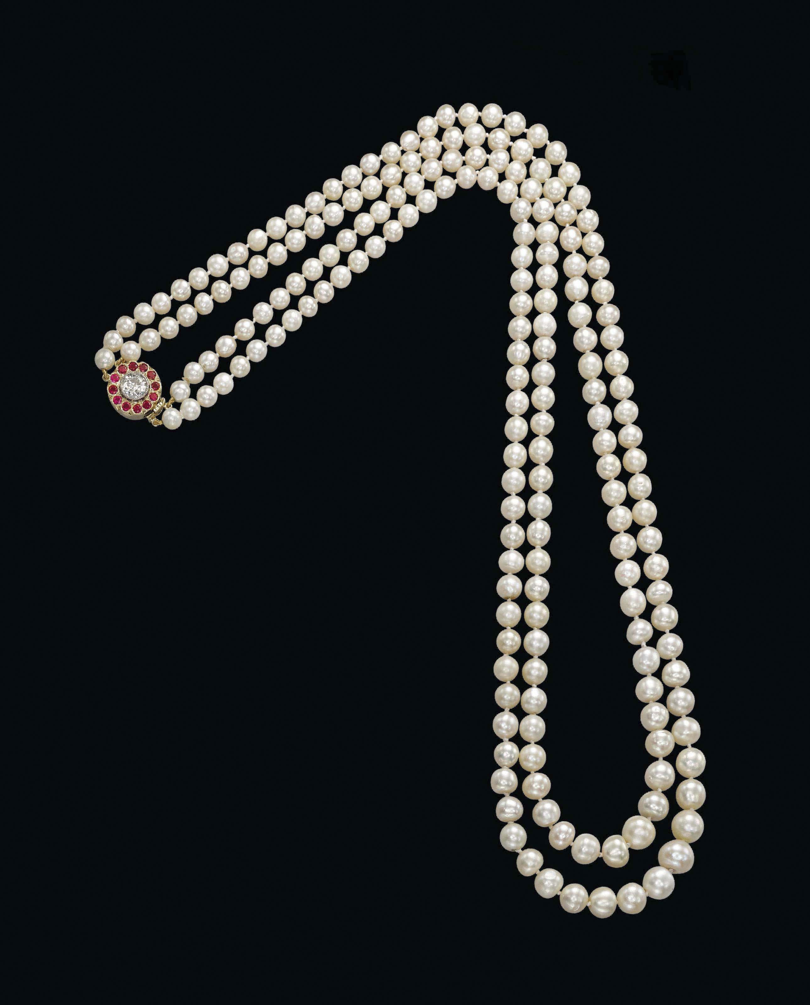 A NATURAL PEARL, RUBY AND DIAMOND NECKLACE