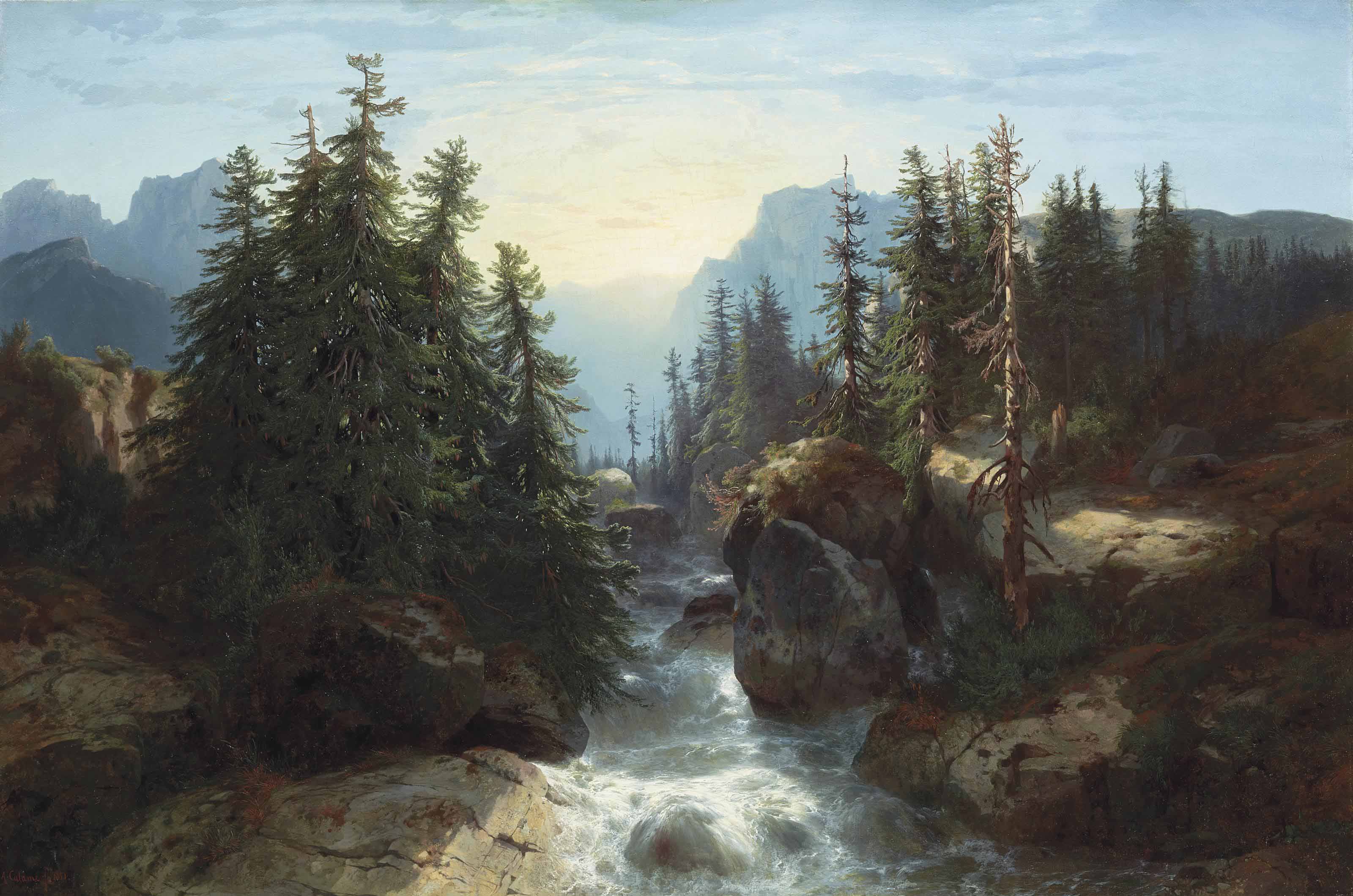 Калам картины. "Водопад" Александра Калама (1810-1864).. Alexandre Calame картины. Калам художник. Бурные реки в картинах швейцарских художников.