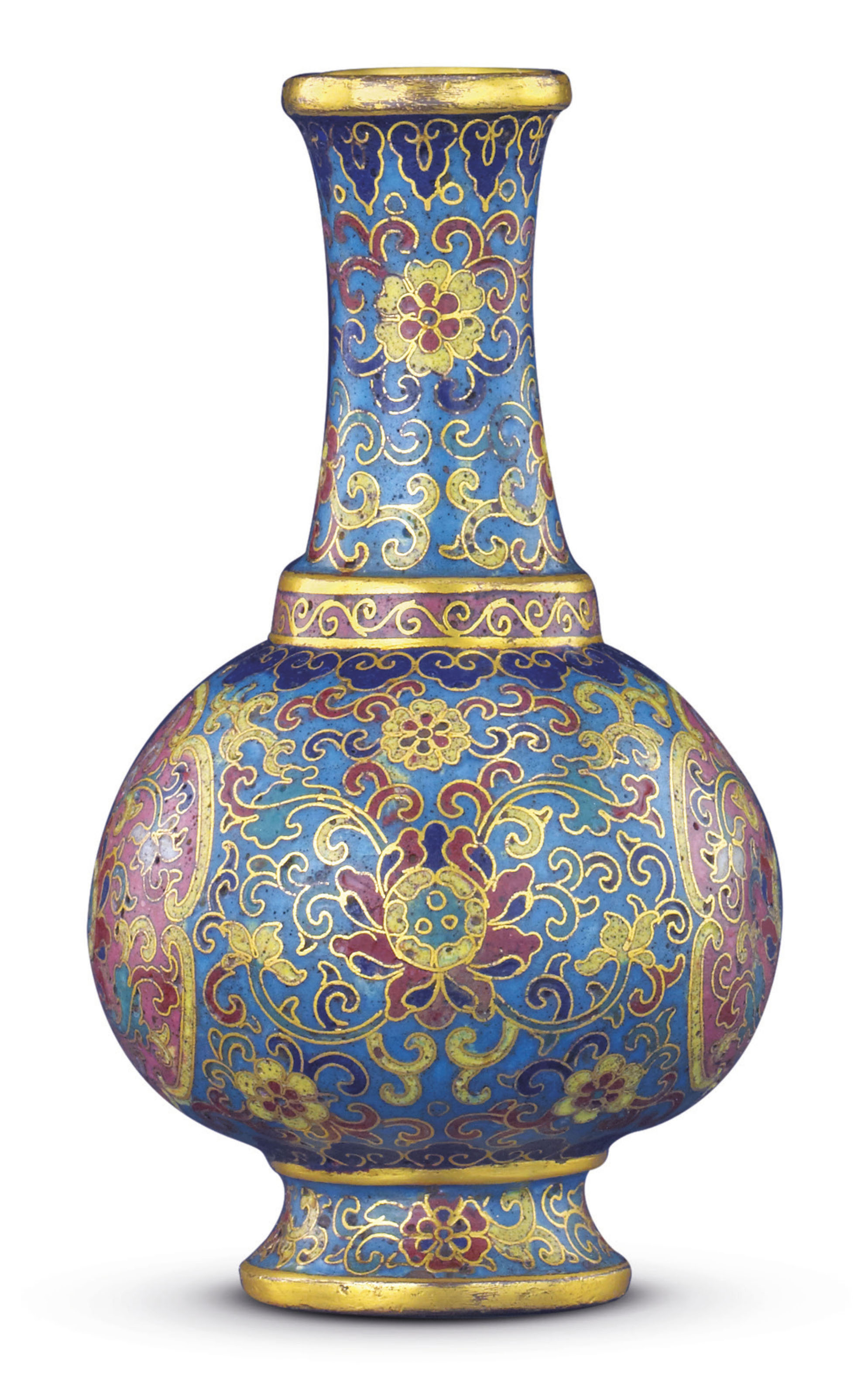 A SMALL IMPERIAL CLOISONNE ENAMEL BOTTLE VASE , QIANLONG INCISED SIX