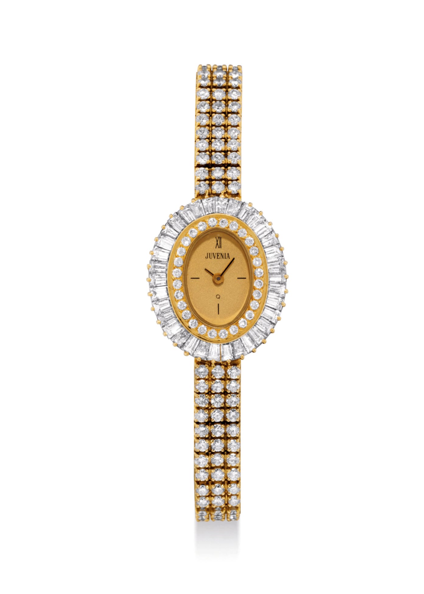 JUVENIA. A LADY'S 18K GOLD AND DIAMONDSET OVAL BRACELET WATCH, SIGNED