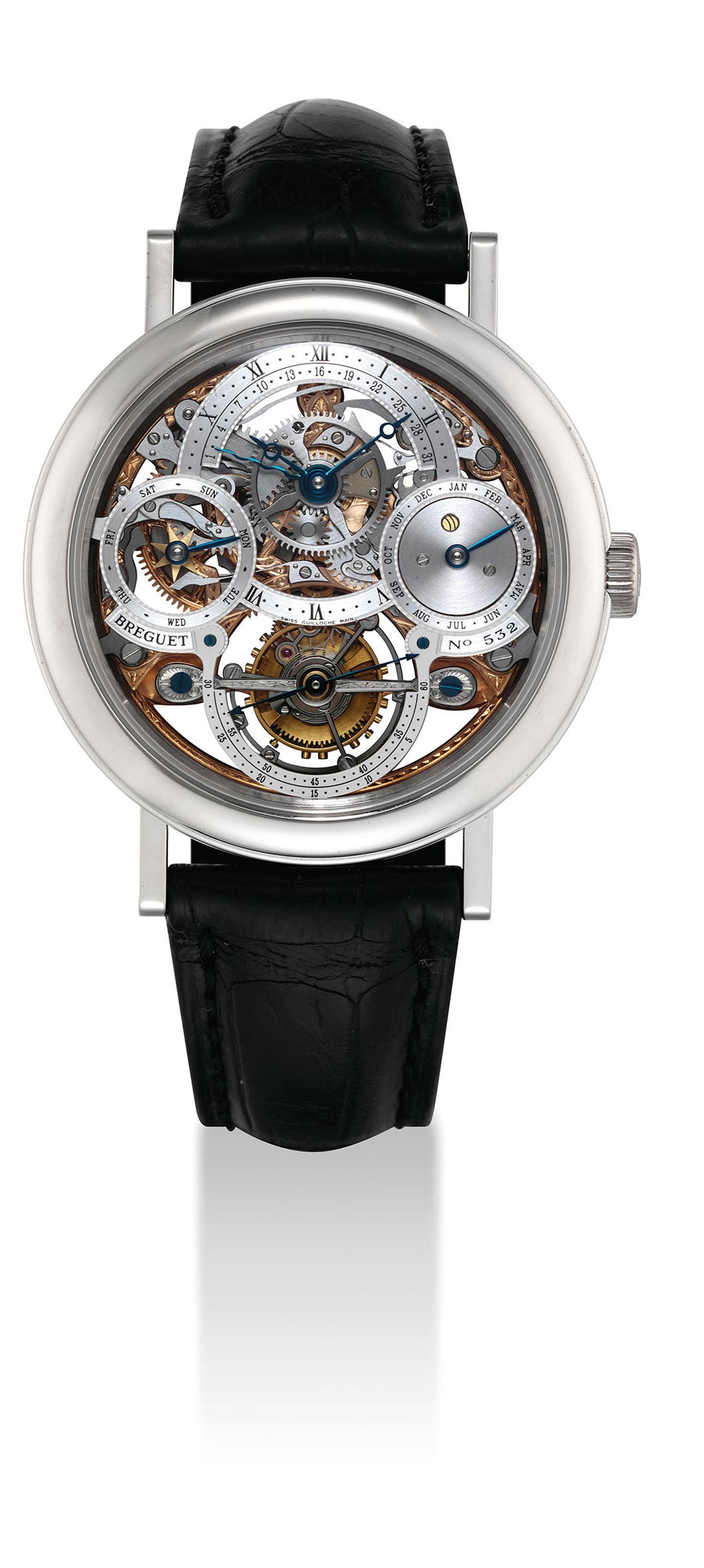 BREGUET. A FINE AND RARE PLATINUM SKELETONISED PERPETUAL CALENDAR