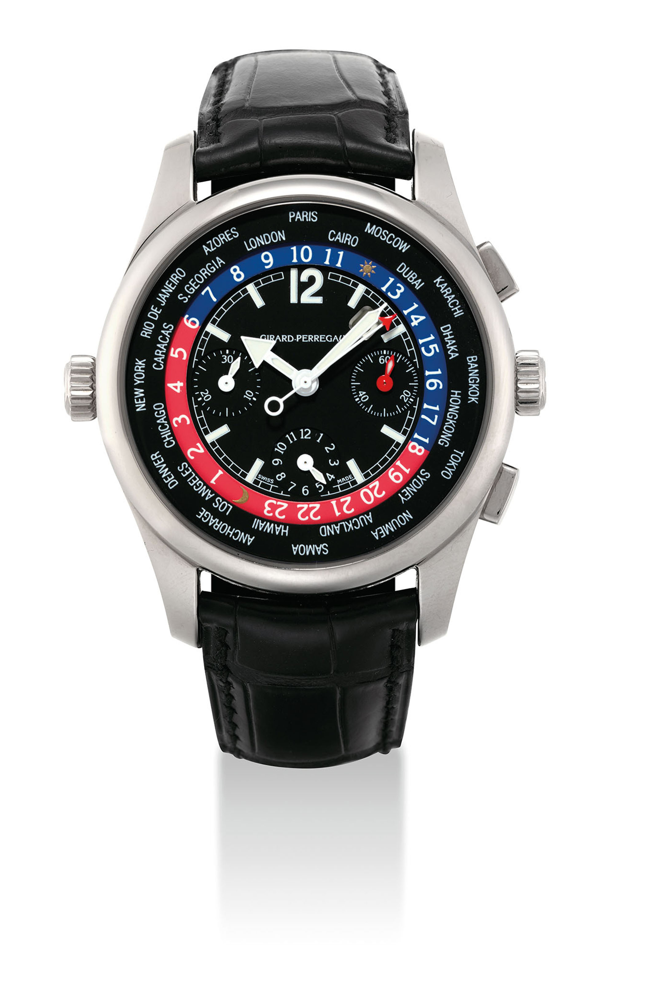 GIRARDPERREGAUX. A LARGE 18K WHITE GOLD AUTOMATIC WORLD TIME