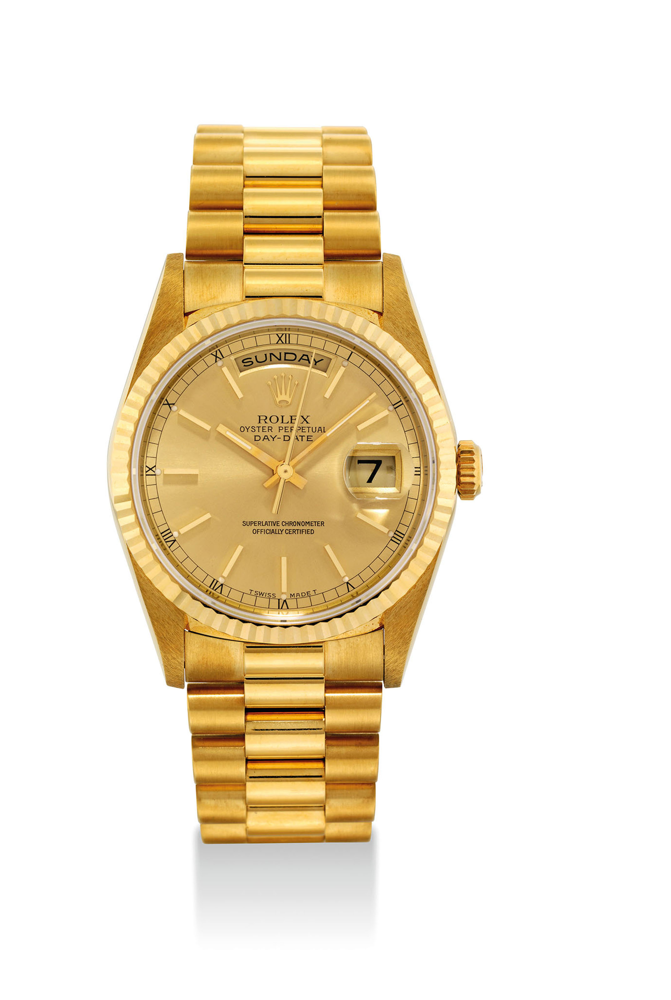 ROLEX. AN 18K GOLD AUTOMATIC WRISTWATCH WITH SWEEP CENTRE SECONDS, DAY